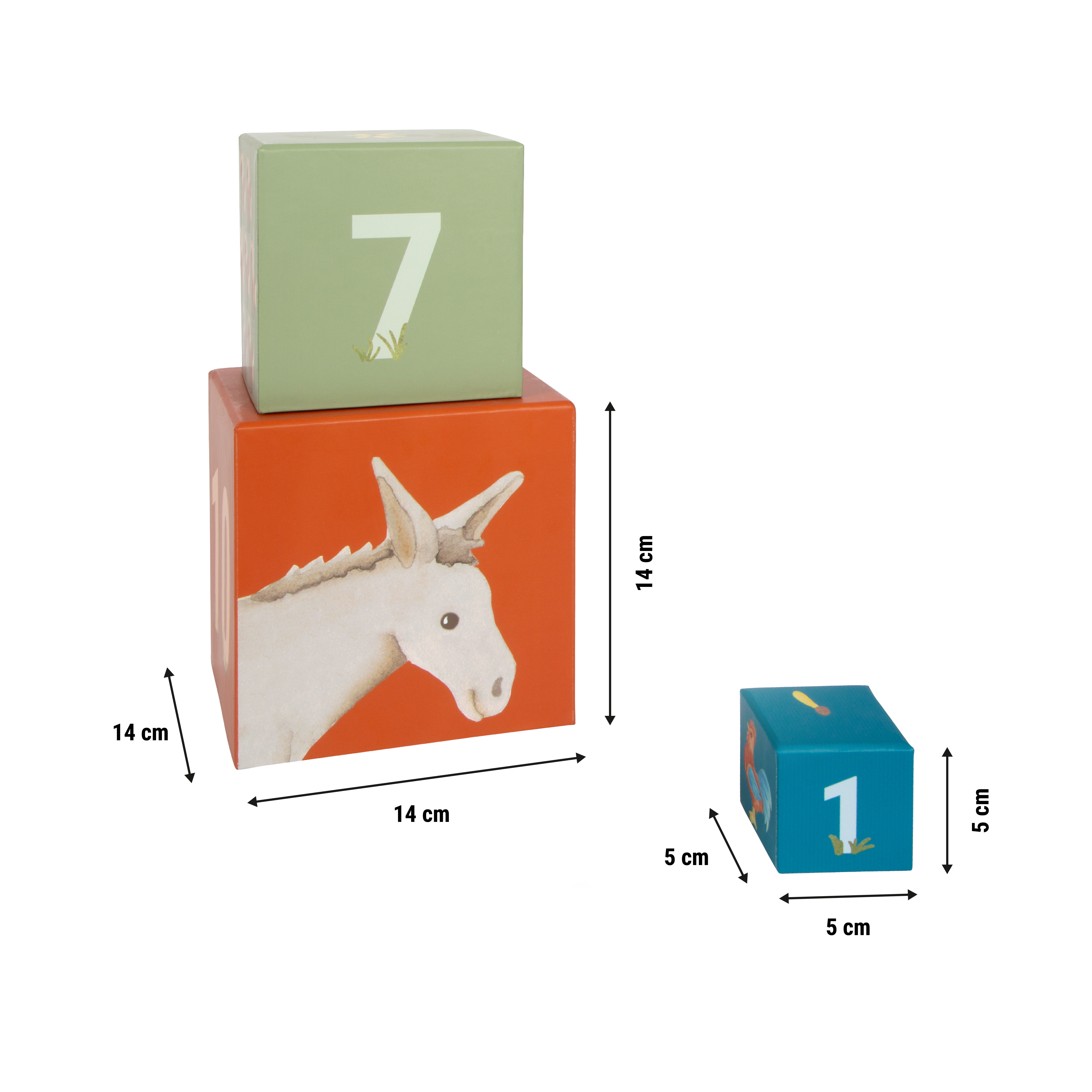 Stapelwürfel Farm Buddies als Maßgrafik mit Produktabmessungen
