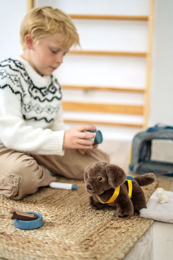 Kind spielt mit Plüschhund, Tasche und Pflegeset