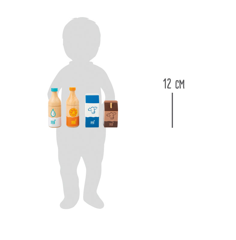 vierteiliges Getränke-Set aus Holz – beinhaltet eine Flasche Orangensaft, eine Flasche Wasser, eine Tüte Milch und ein kleines Trinkpäckchen Kakao