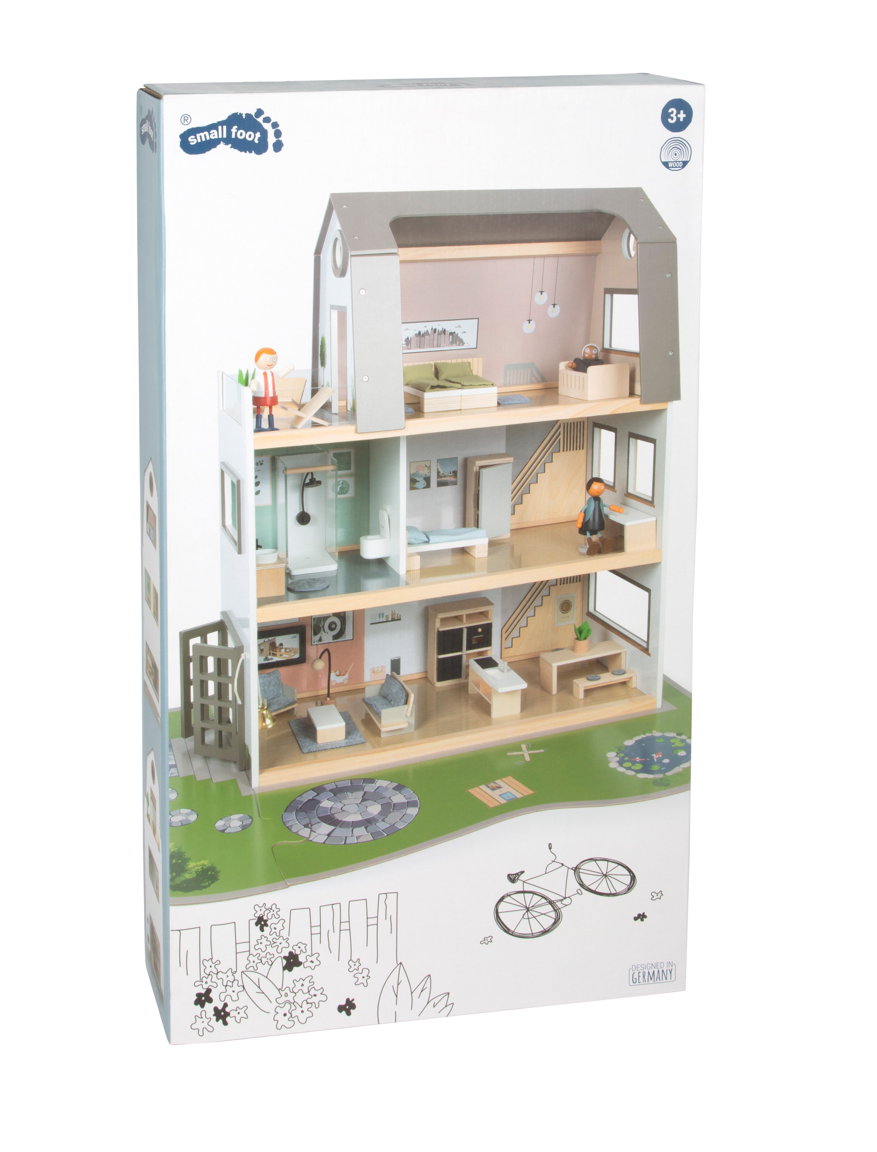 Verpackung von Puppenhaus mit Garten