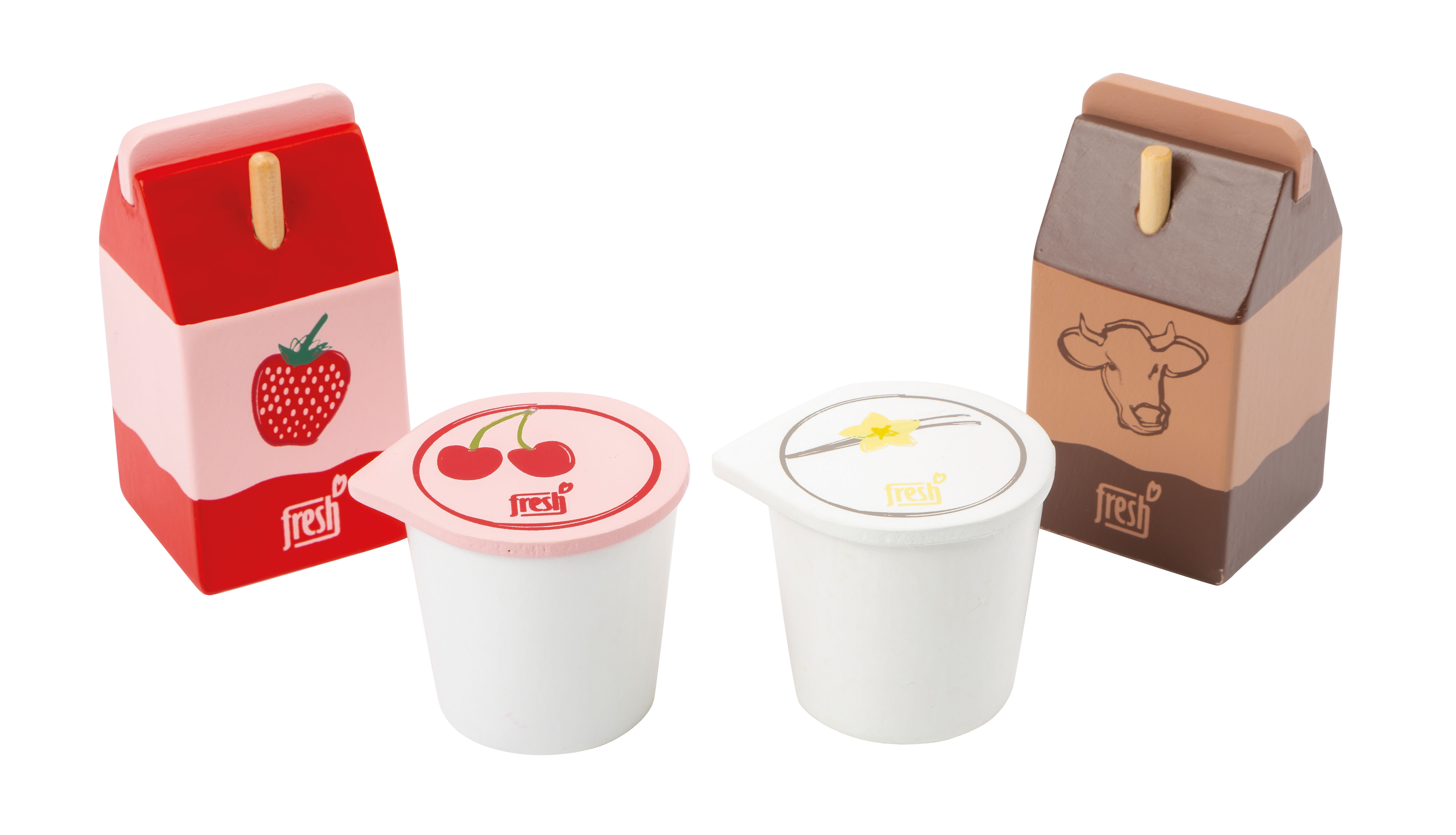 Milchprodukte wie Erbeermilch, Kakao sowie Kirsch- und Vanille-Joghurtaus Holz