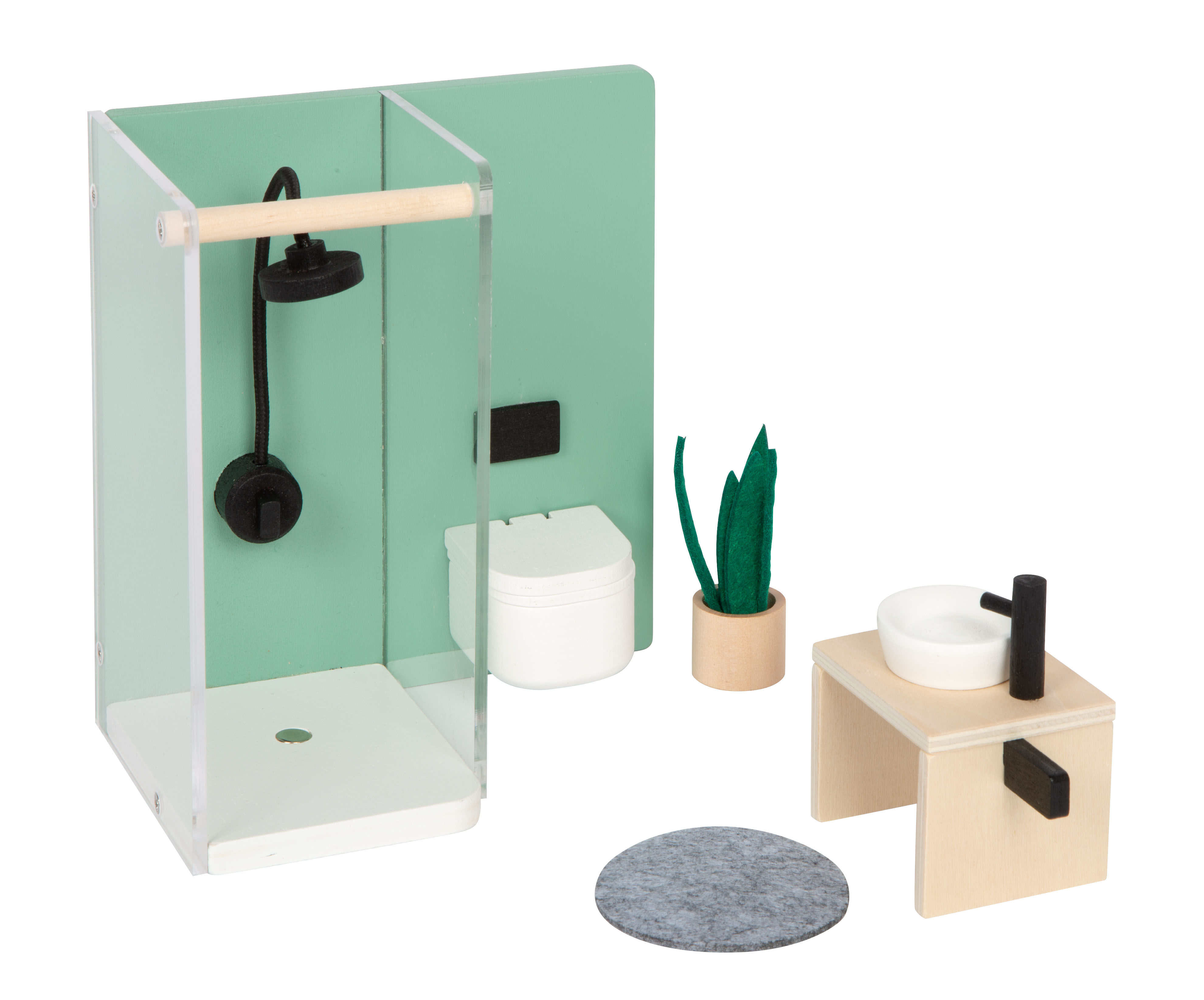Badezimmermöbel mit Dusche, Toilette und Waschbecken für Puppenhäuser