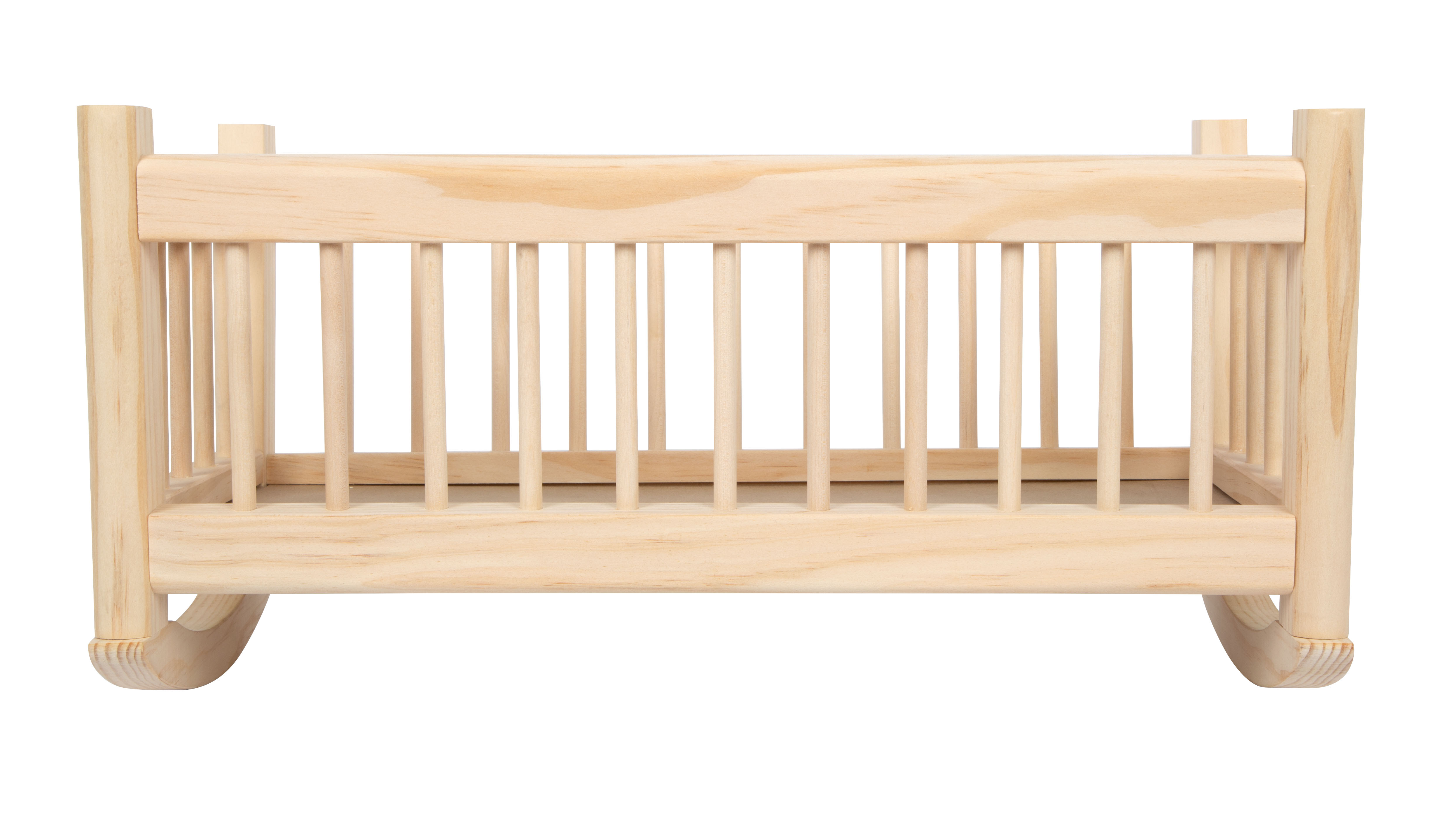 Puppenwiege aus naturbelassenem Holz mit Gitterstäben