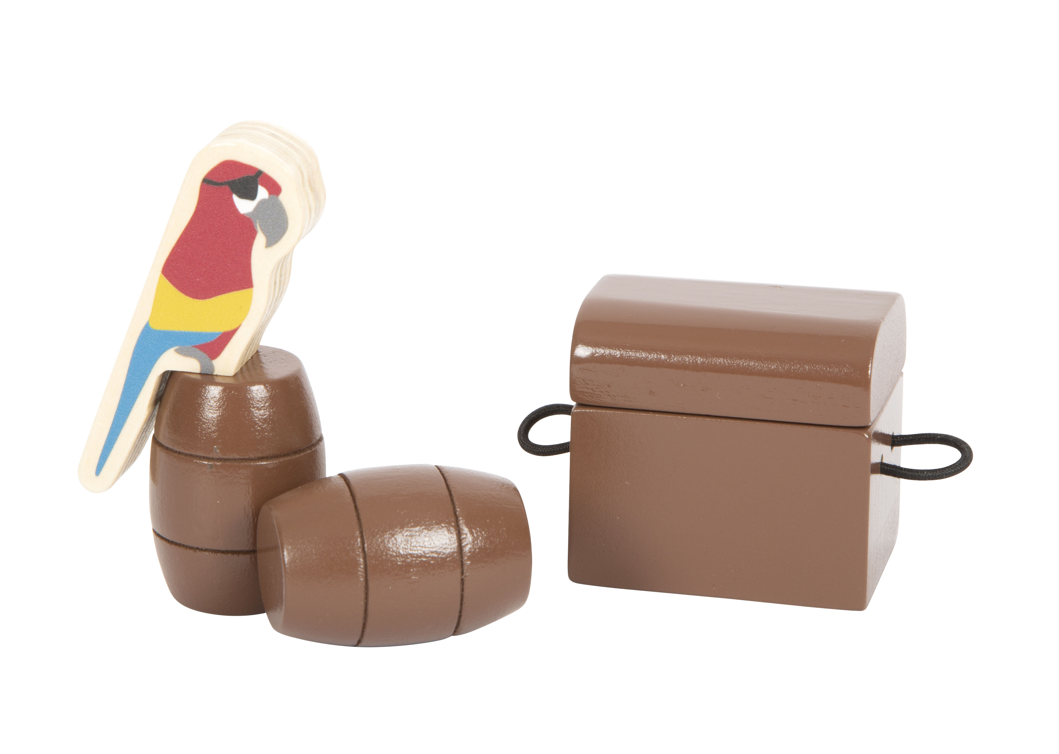 Fässer, Schatzruhe und Papagei zum Spielen