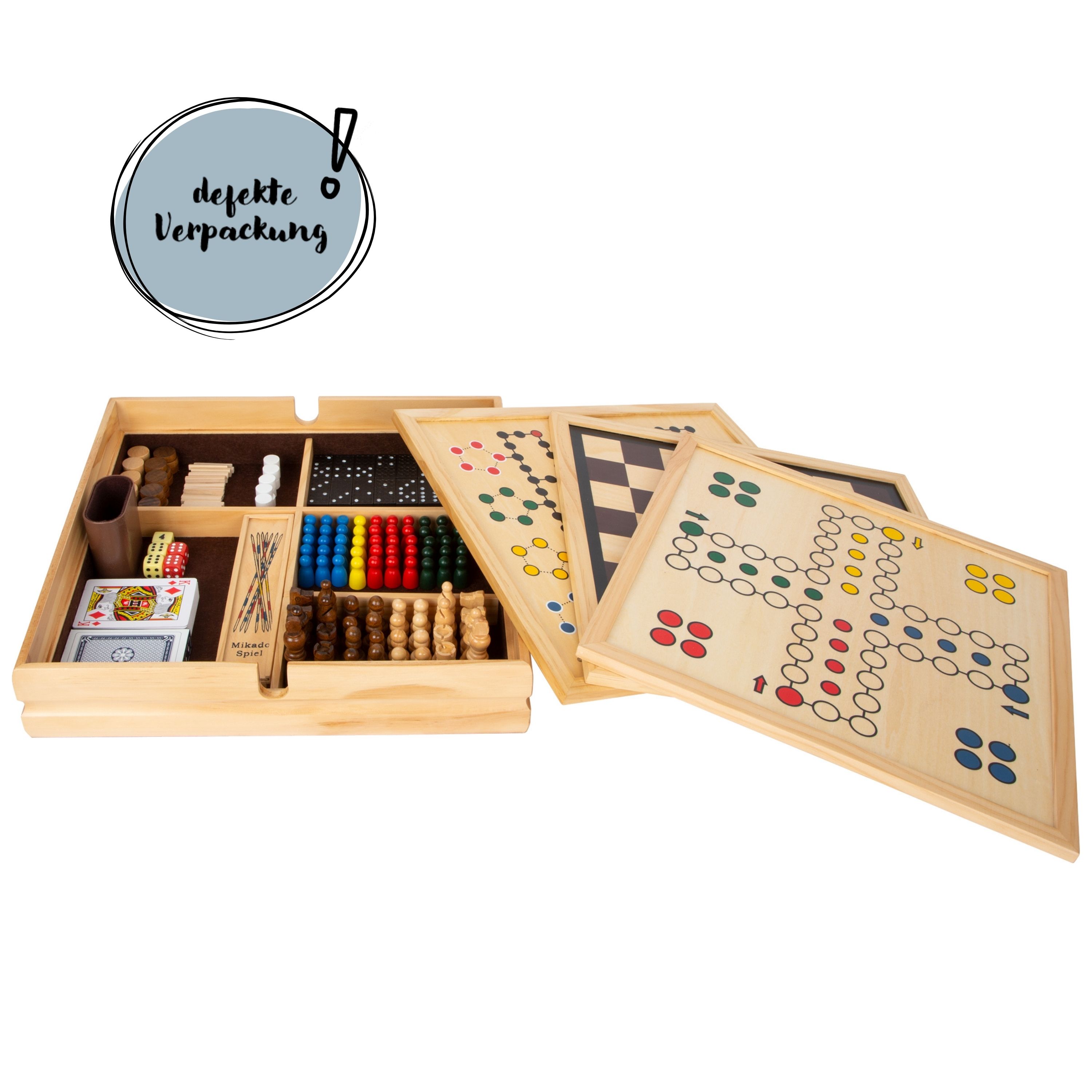 Spielesammlung aus Holz mit defekter Verpackung