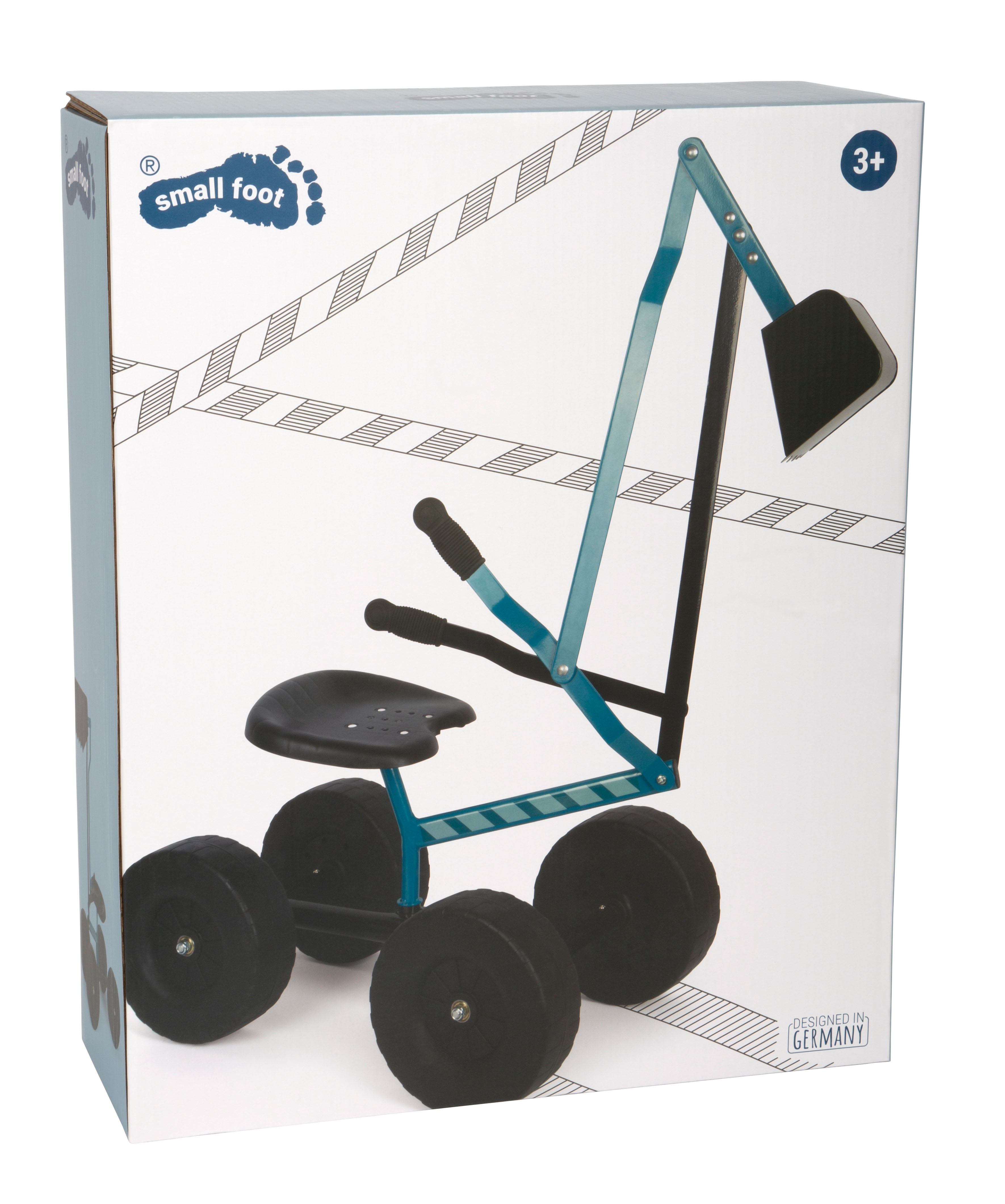 Bagger mit Rädern blau in der Verpackung
