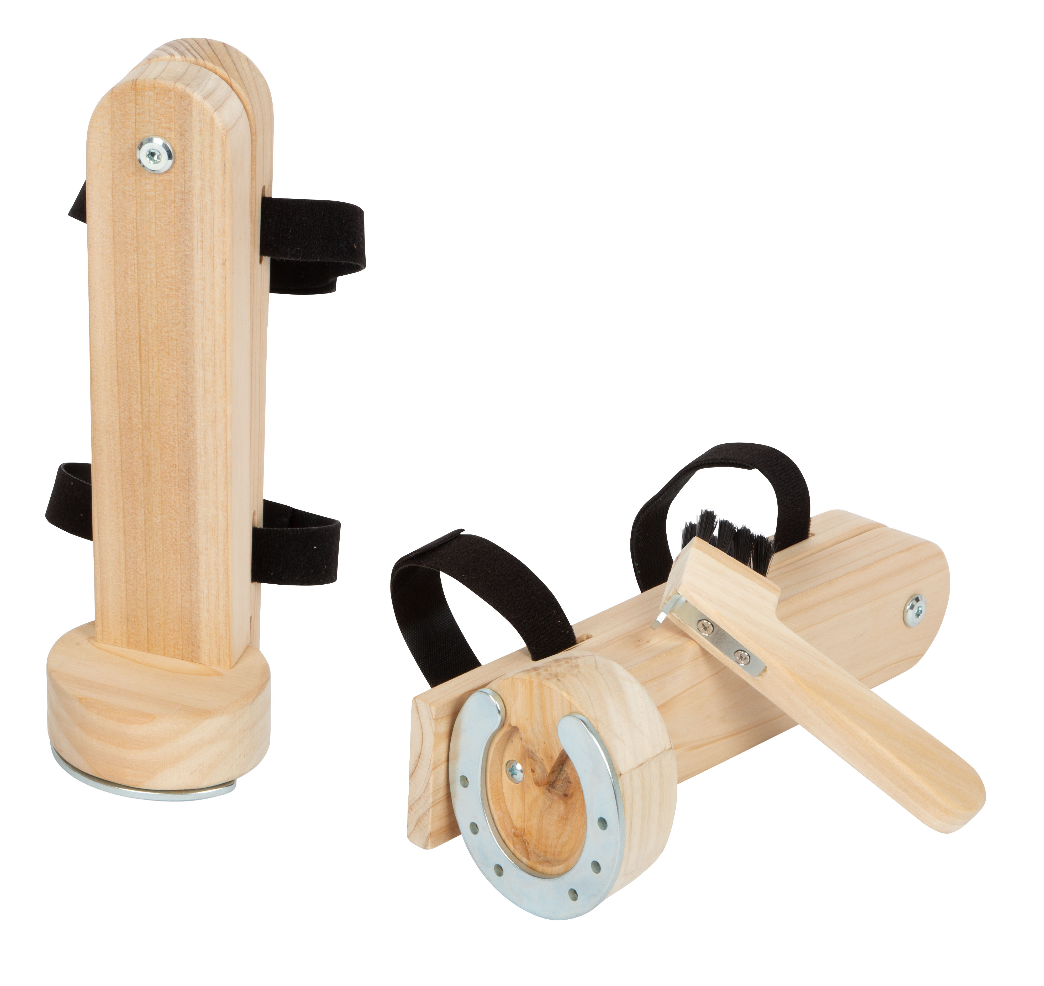 Zwei Hufe aus Holz mit Hufkratzer zur Befestigung an Spiel-Pferden