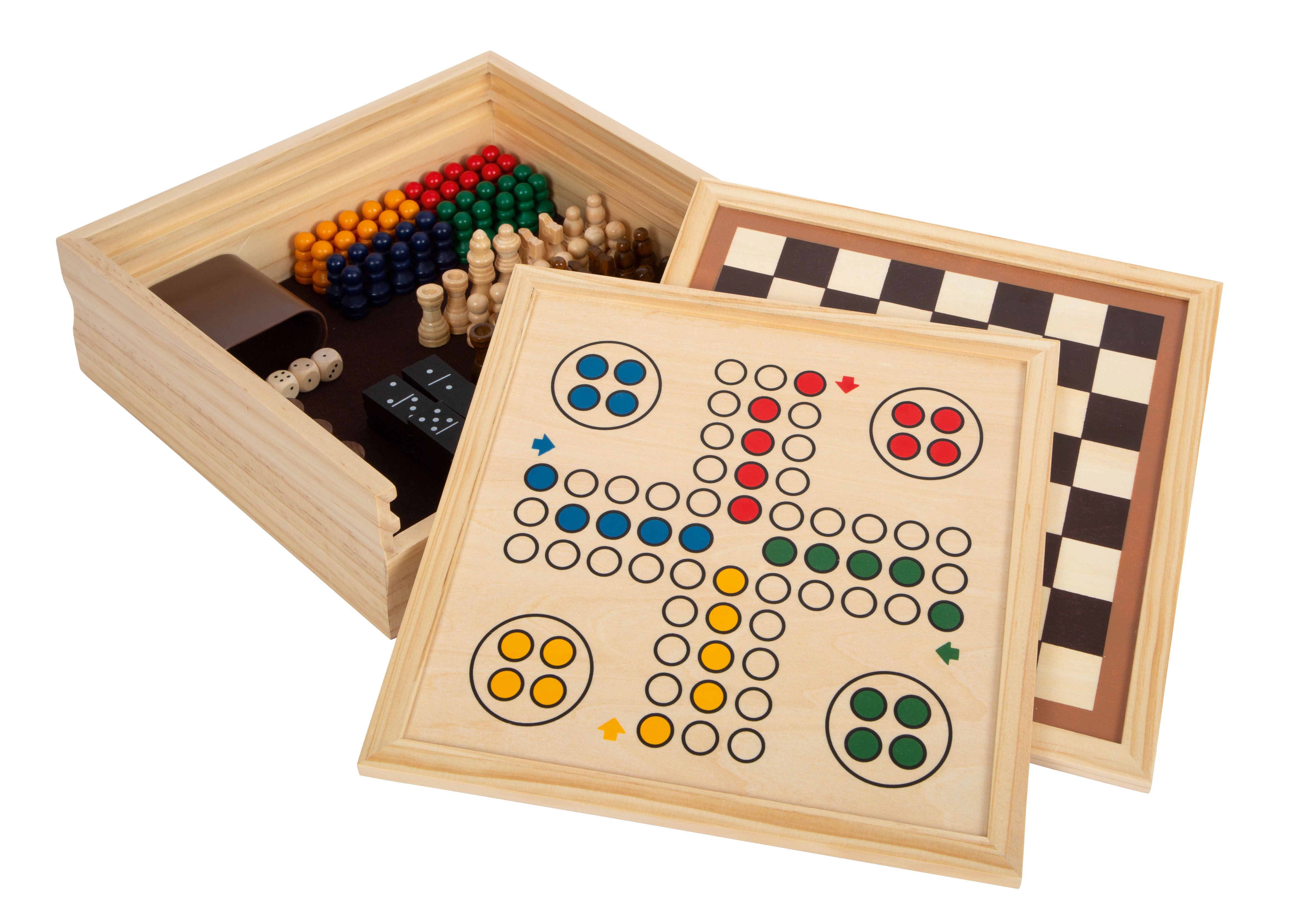 Gesellschaftsspiele-Sammlung aus Holz in Kiste