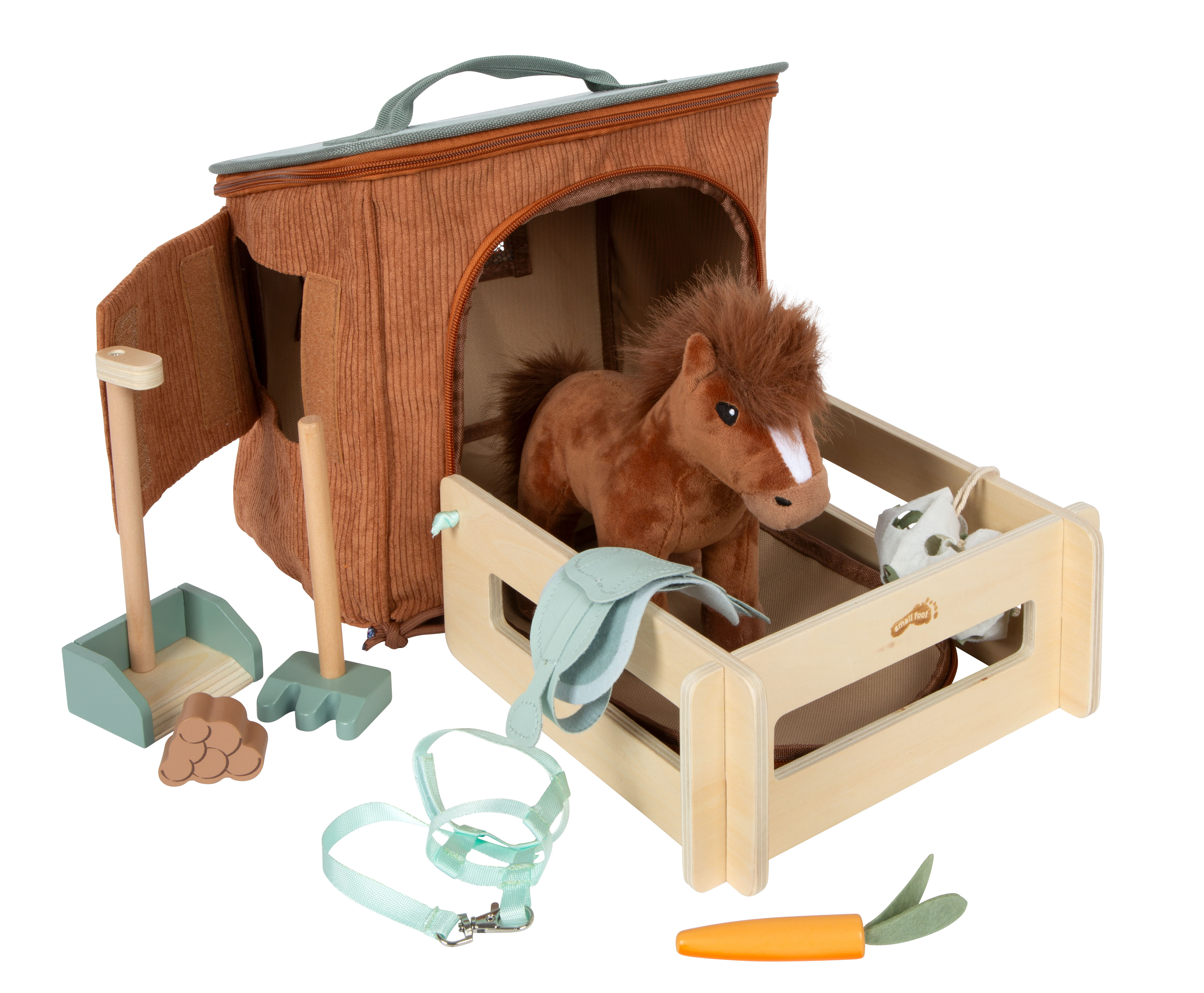 Spielset Pferd mit Stall und Zubehör in der Tasche braun