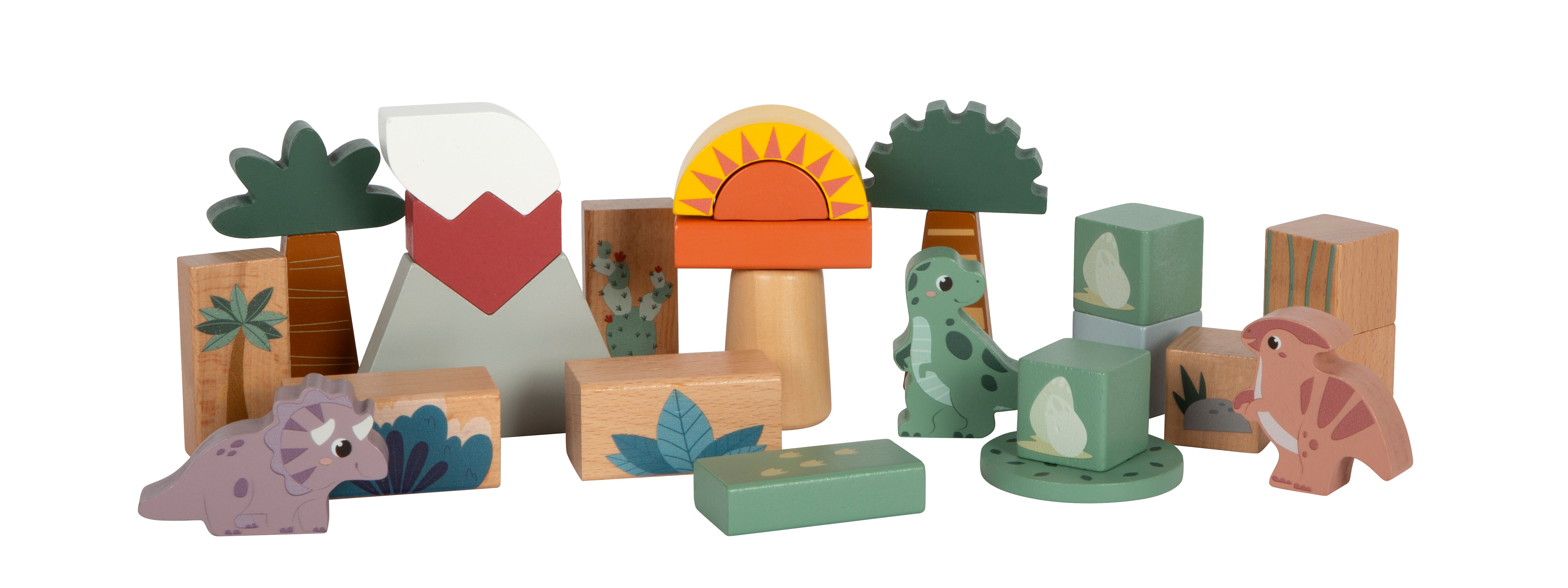 Viele Kinder-Holzbausteine mit Dinosauriern