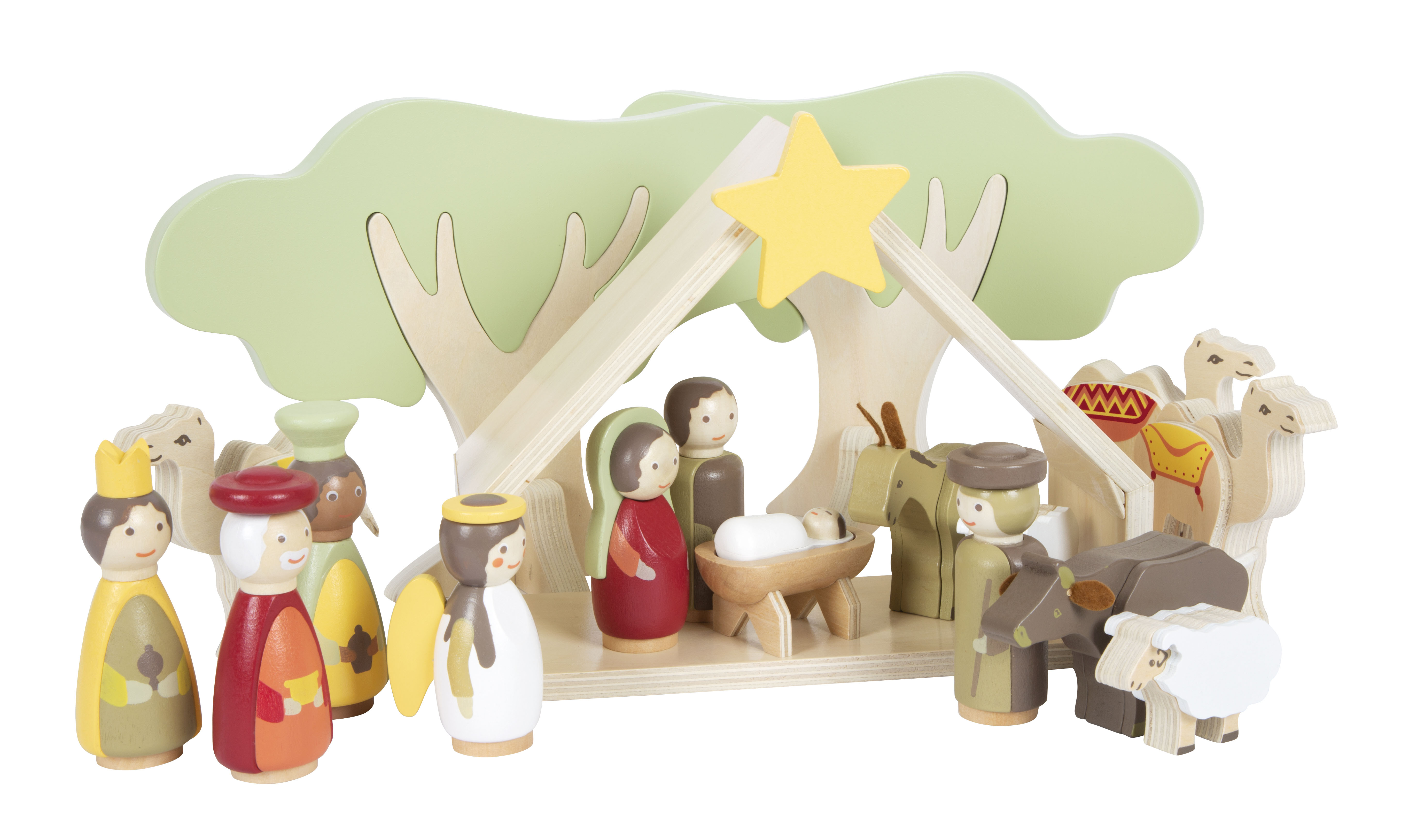 Weihnachtskrippe aus Holz mit Figuren für Kinder