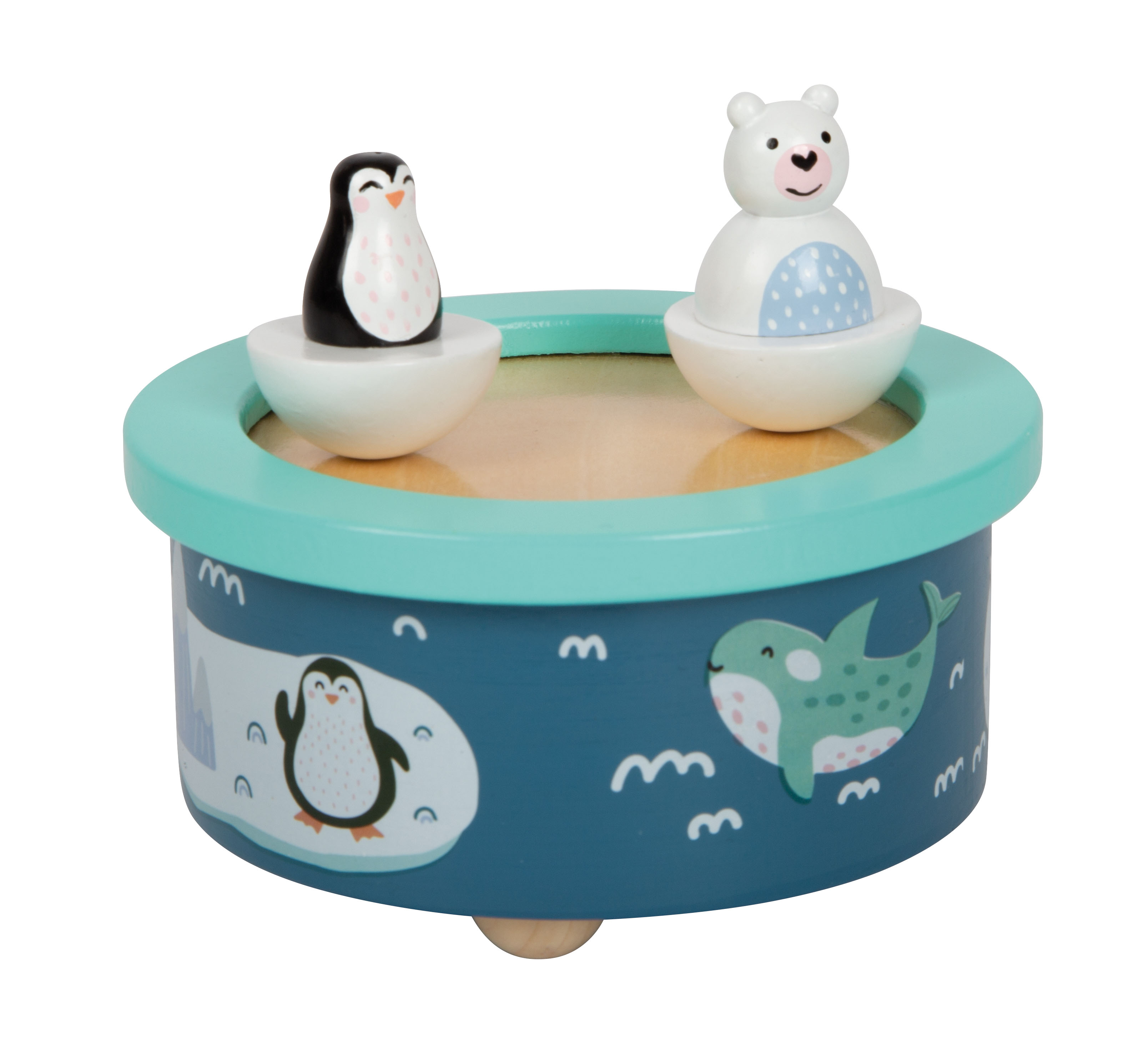 Blaue Spieluhr aus Holz mit Pinguin und Eisbär-Figuren