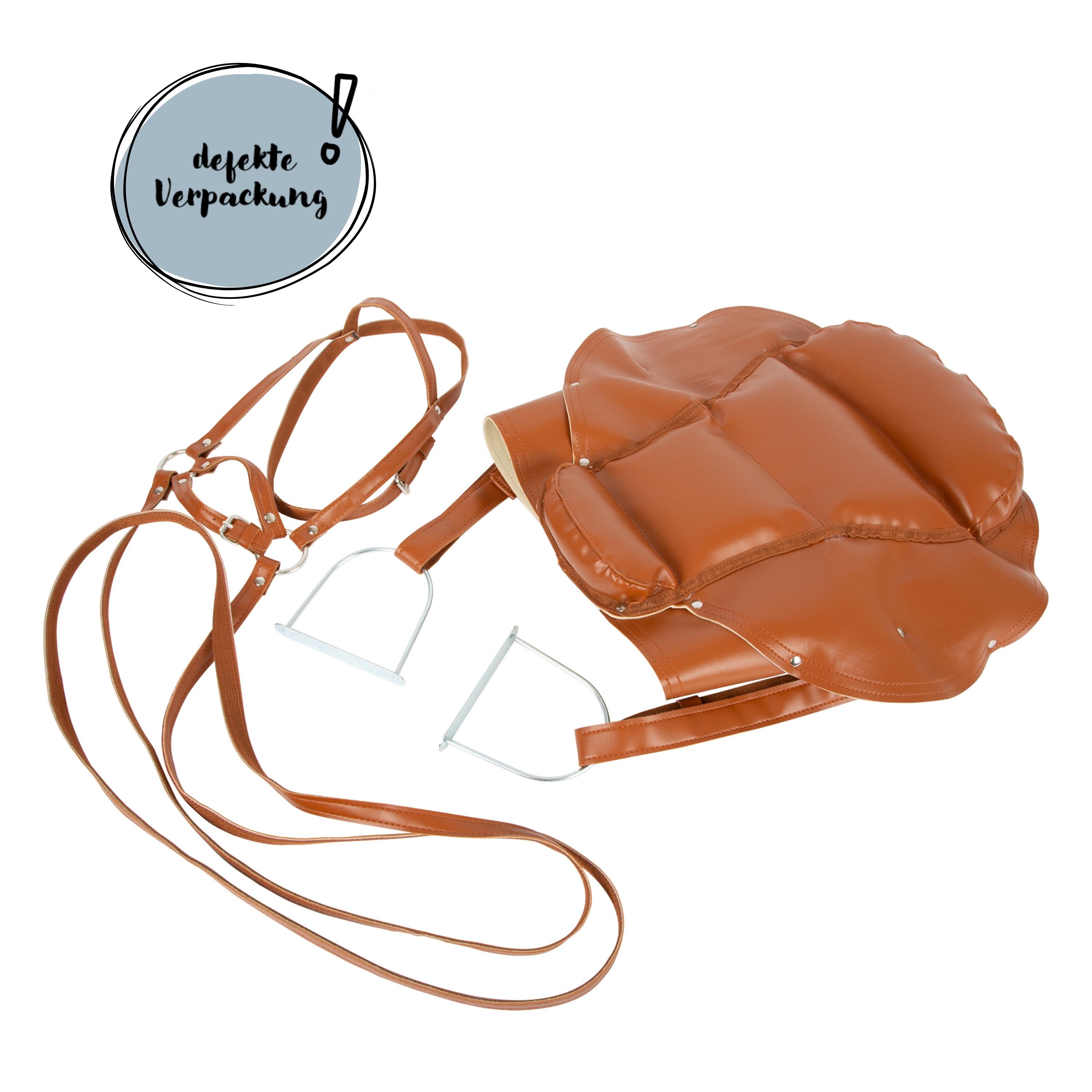 Sattel und Zaumzeug für Holzpferd mit defekter Verpackung