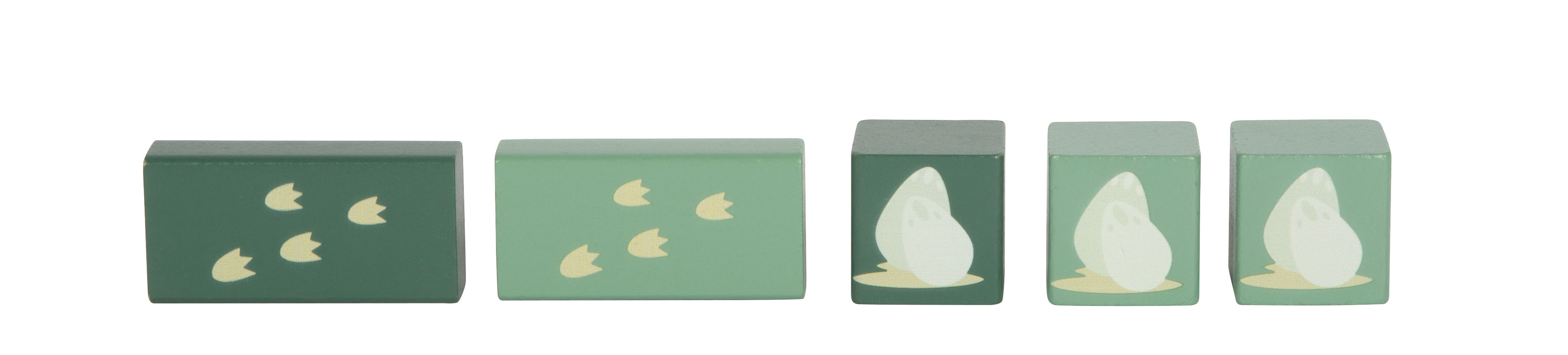 Grüne Holzbausteine mit Dino-Motiven