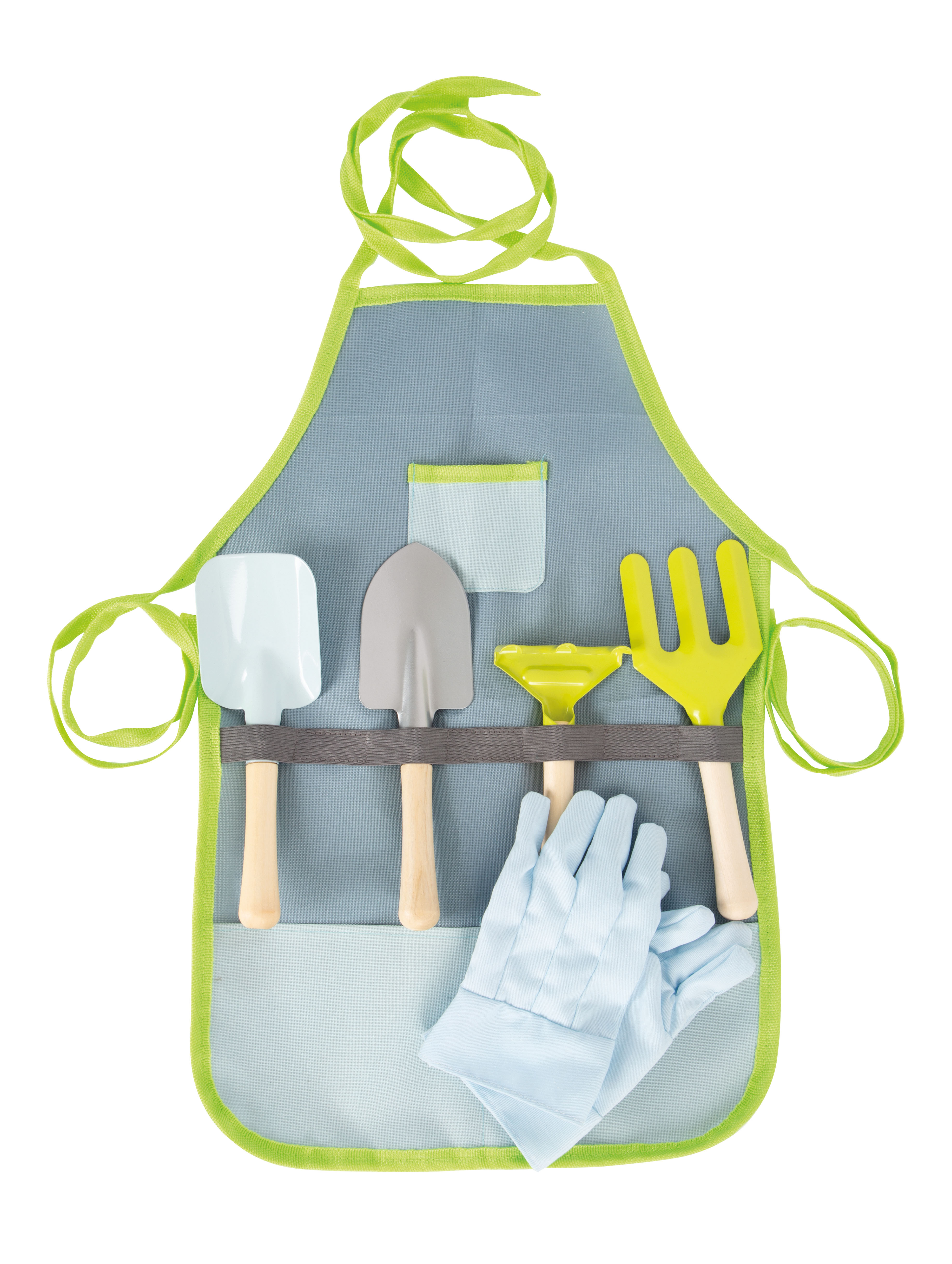 Schürze mit Gartenwerkzeug und Handschuhen