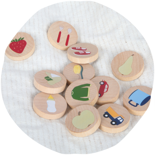 wooden tokens, baby foods, fruit shapes, vegetable icons, colorful icons