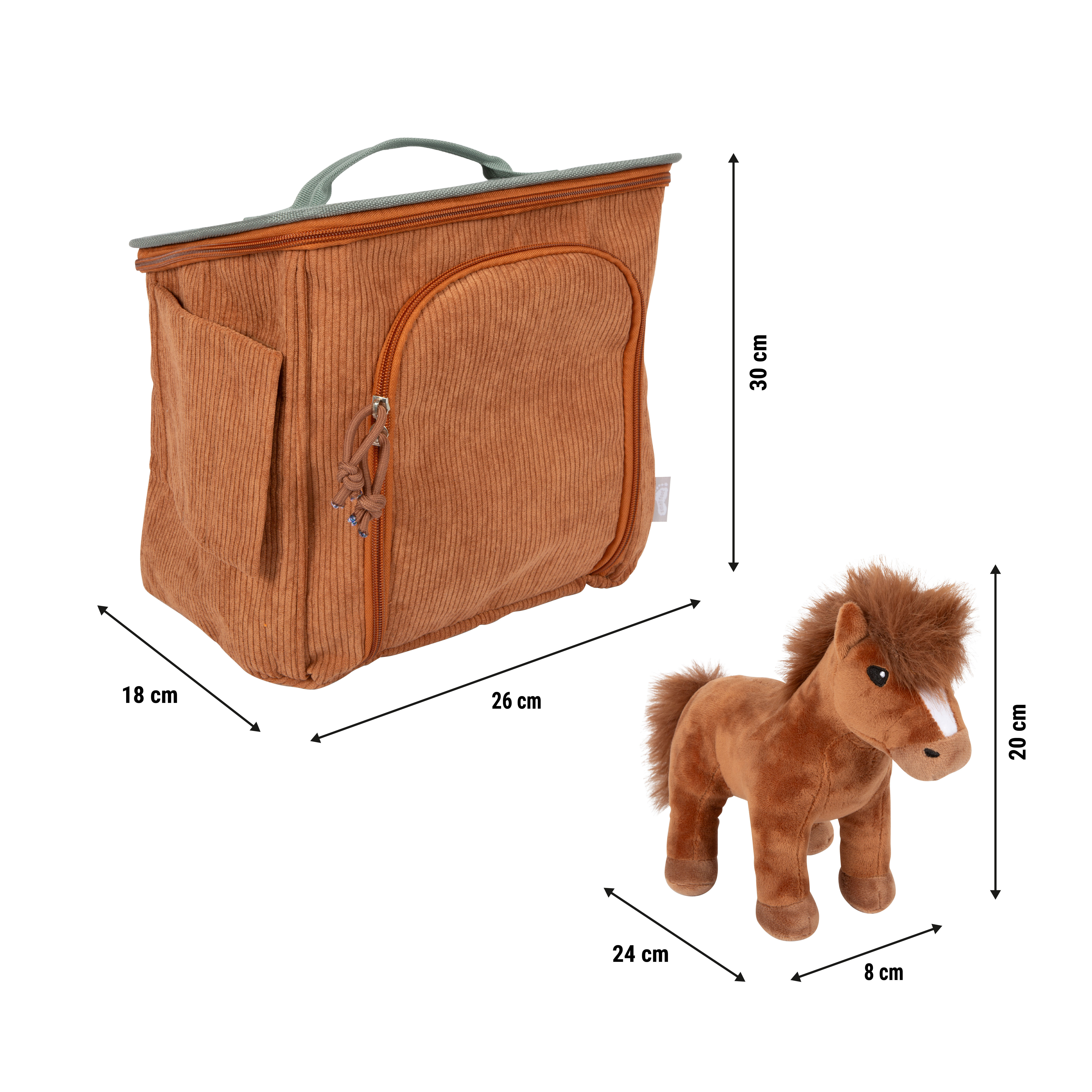 Spielset Pferd mit Stall und Zubehör in der Tasche als Maßgrafik mit Produktabmessungen