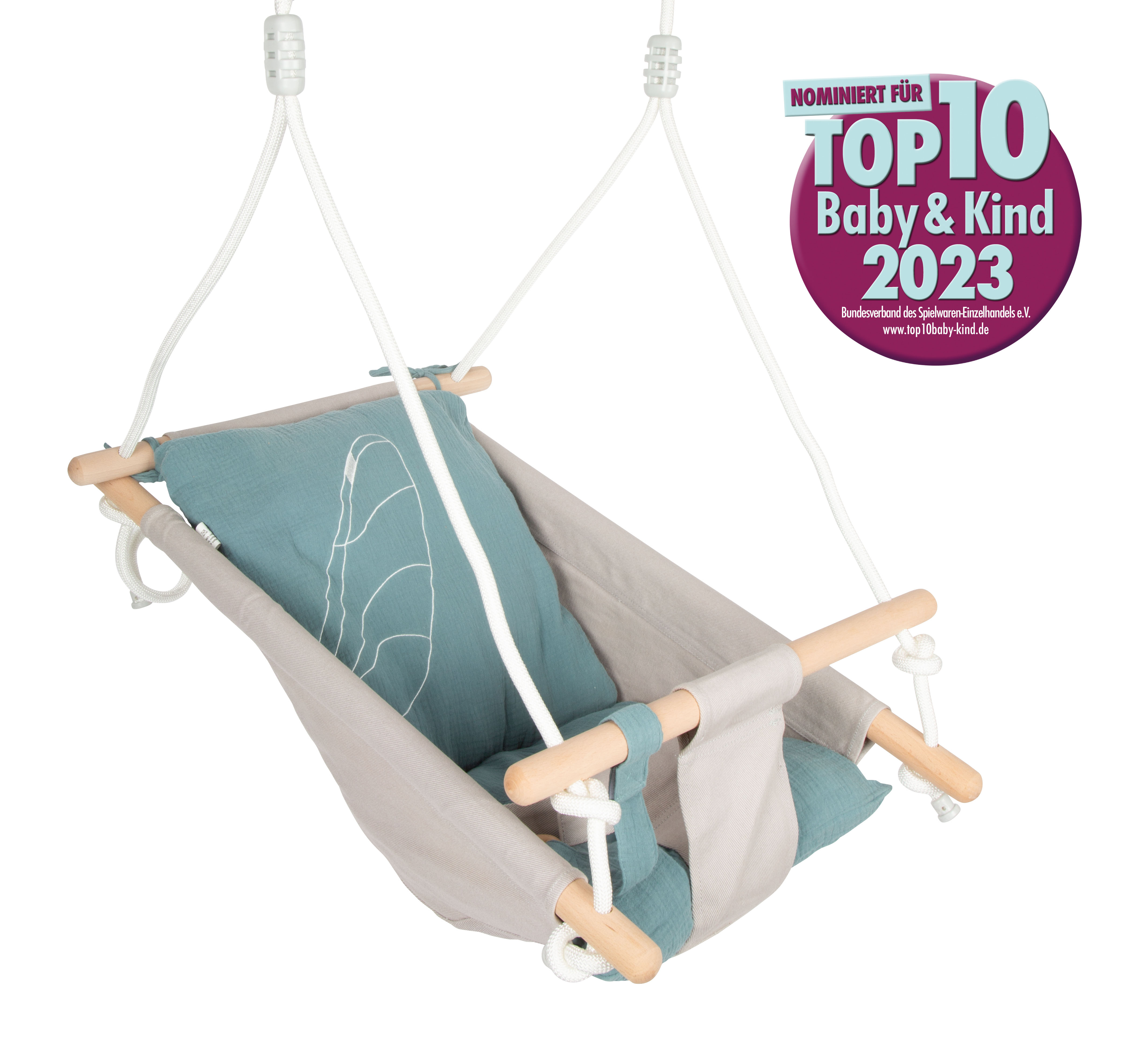 Schaukel, Baby-Schaukel, Holzrahmen, Baumwoll-Sitz, Türkis/grau