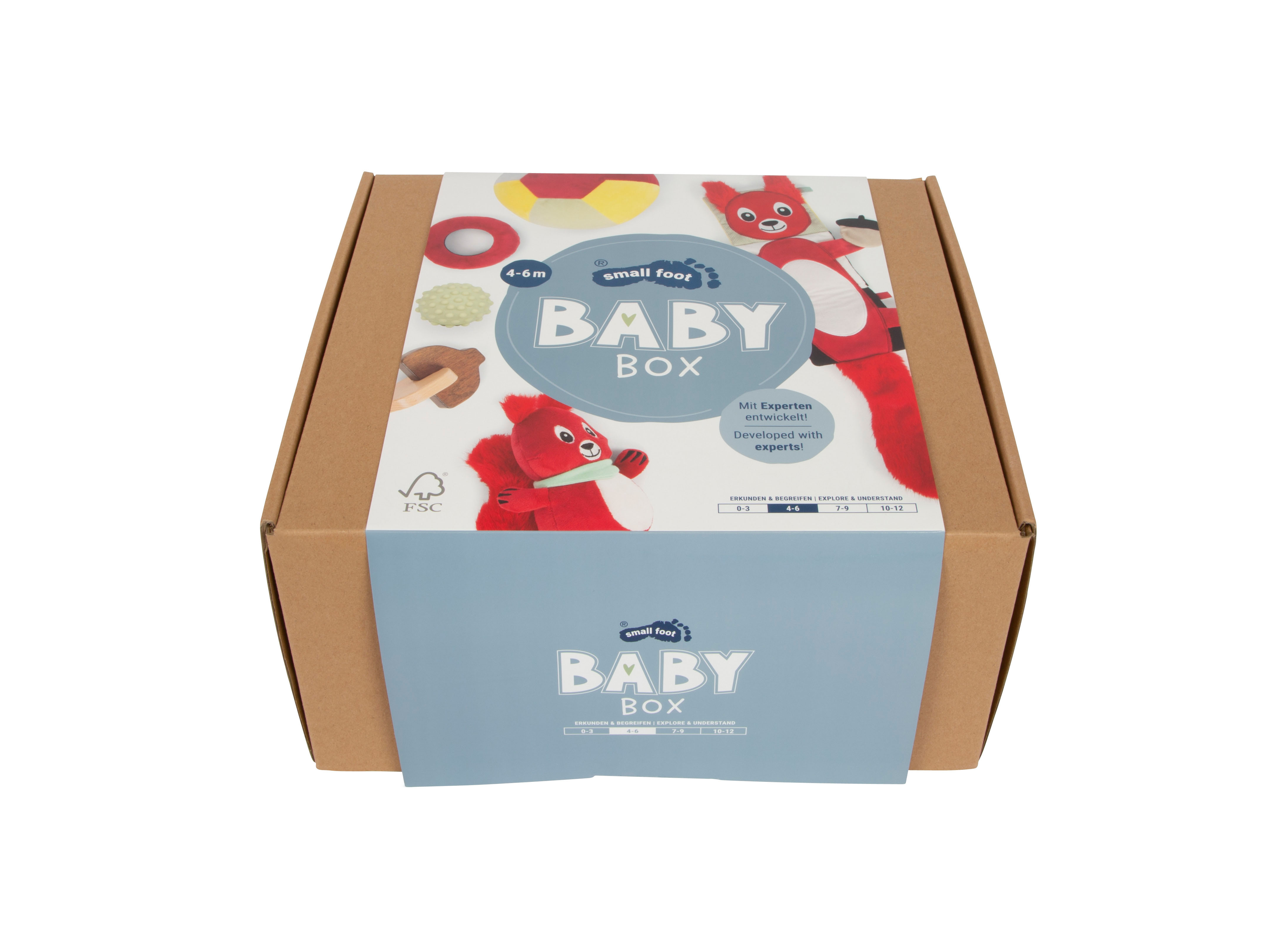 Baby Box, Kinderbox, Spielzeugbox, Kuscheltiere, Roter Fuchs, Baby-Box, Box-Verpackung, Kinder-Spielzeug, roter Plüsch, blauer Deckel