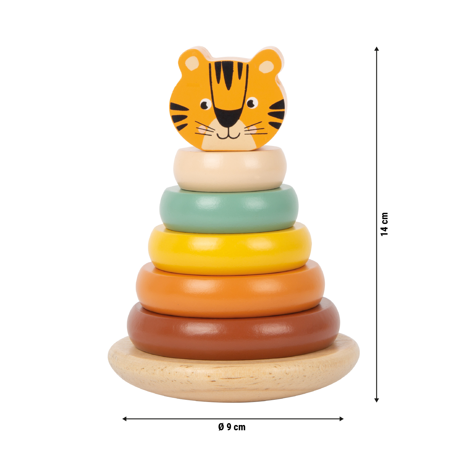 holzspielzeug, pyramide, tigerkopf, farbige ringen, baustein-spielzeug