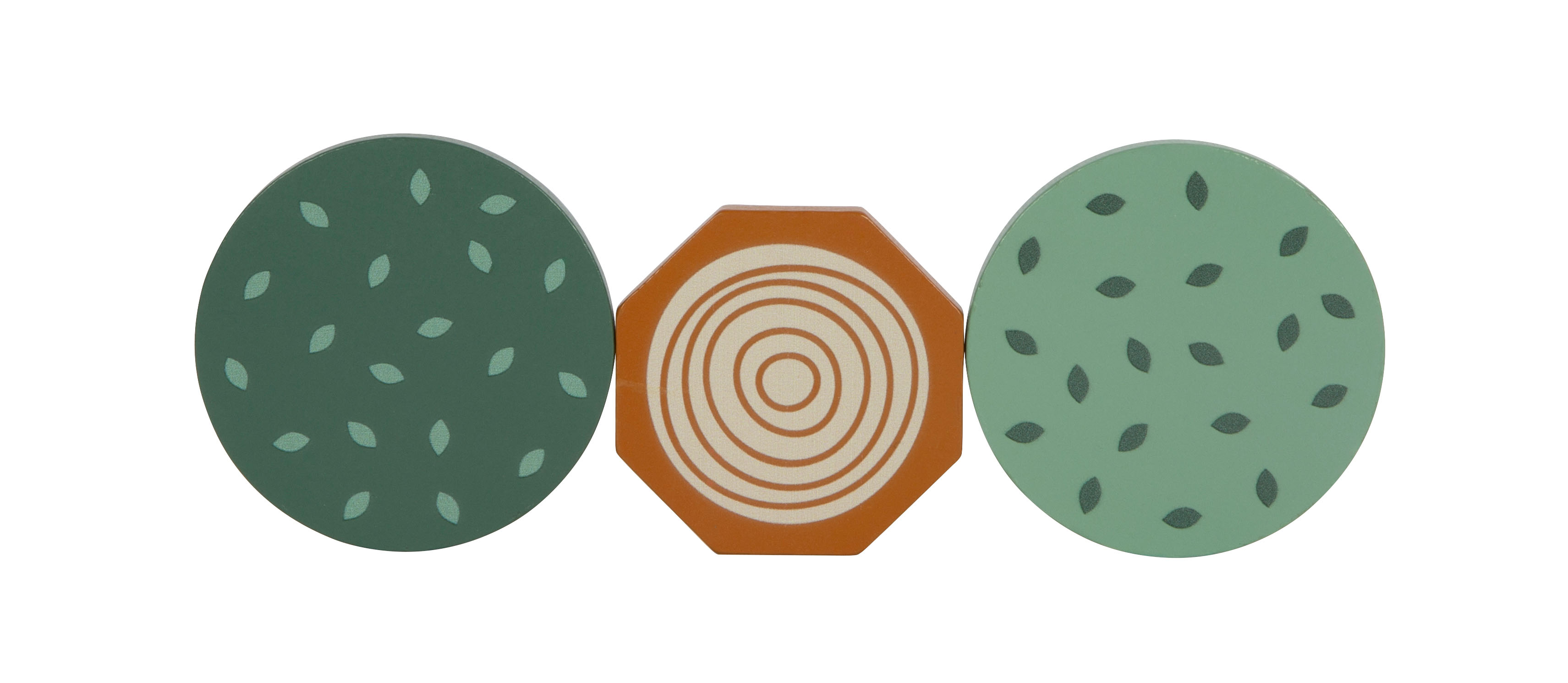 Drei Holz-Bauklötze mit Mustern