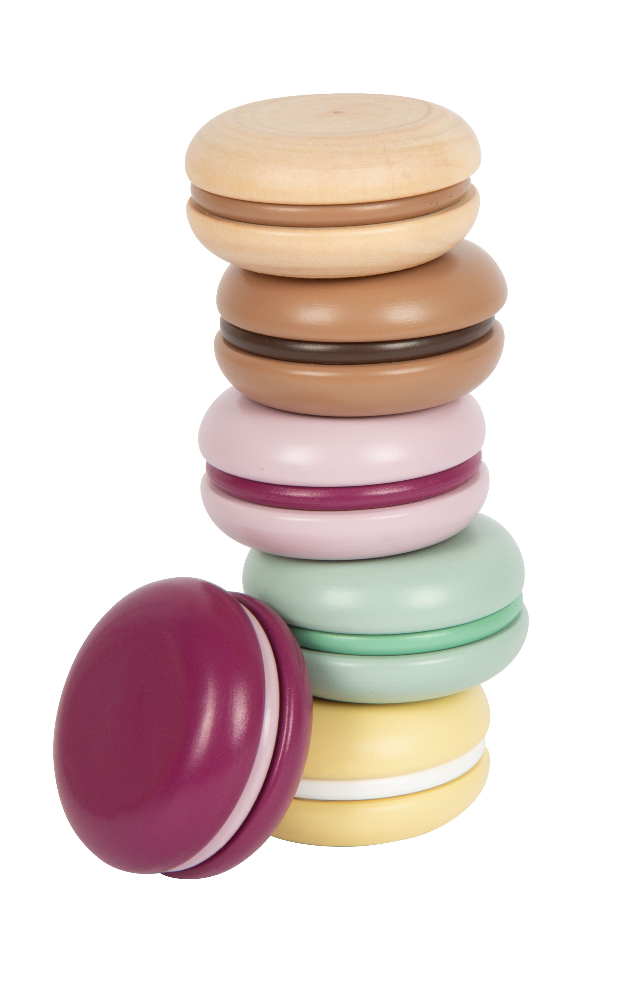 6 Macarons aus Holz, verschiedene Sorten, gestapelt