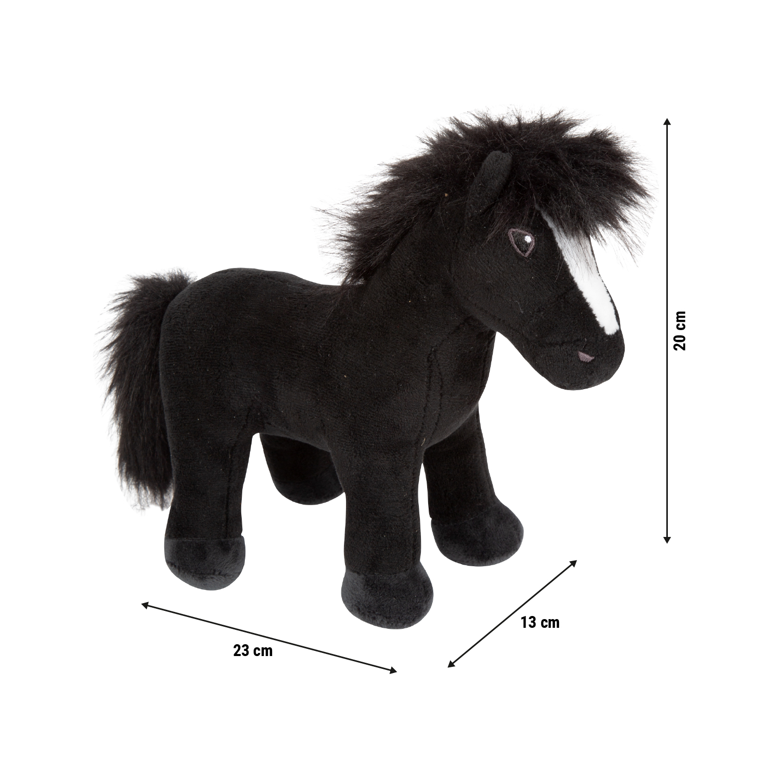 Blacky Plüschpferd schwarz als Maßgrafik mit Produktabmessungen