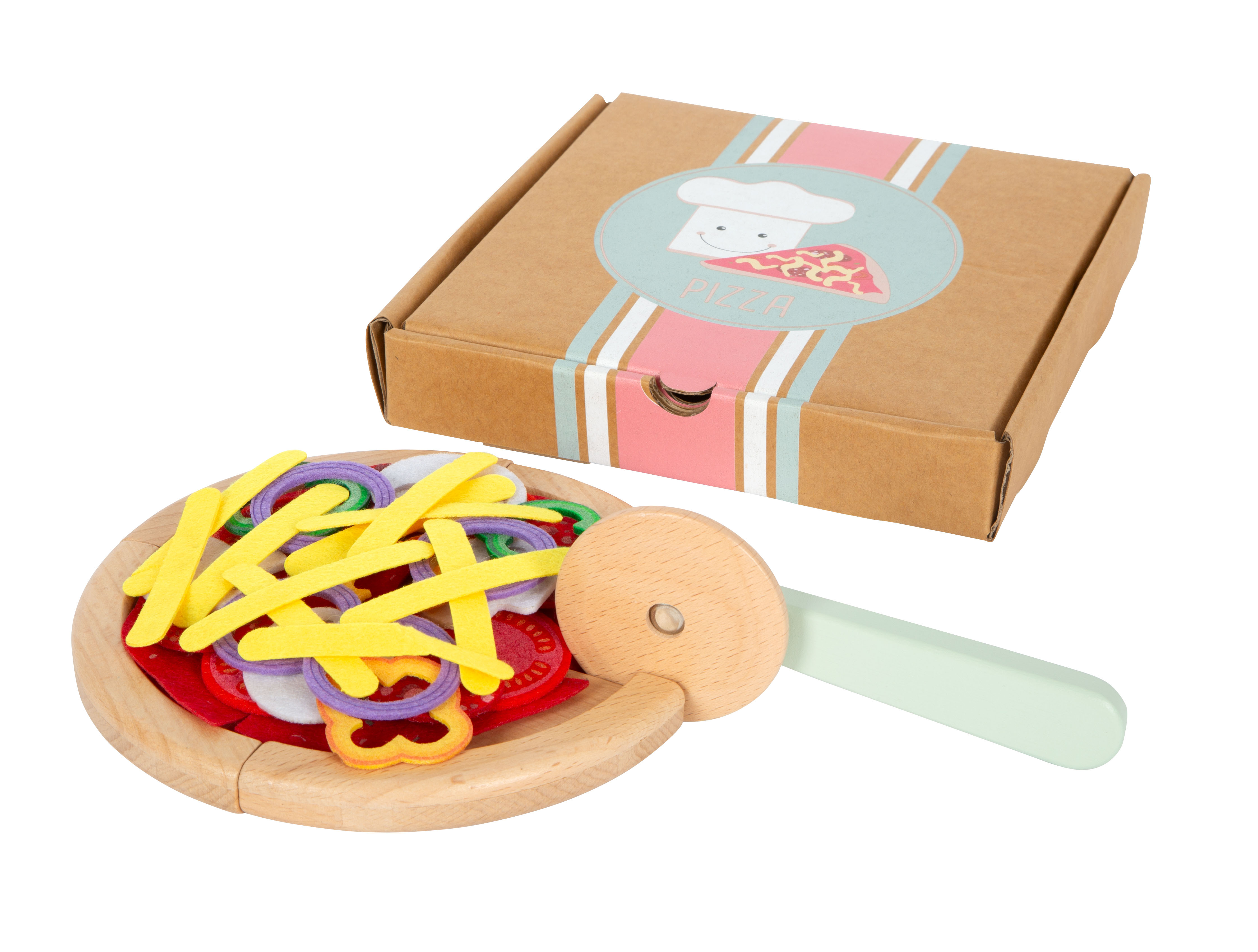 Pizzaschneider und Pizza aus Holz mit Pizzakarton zum Spielen