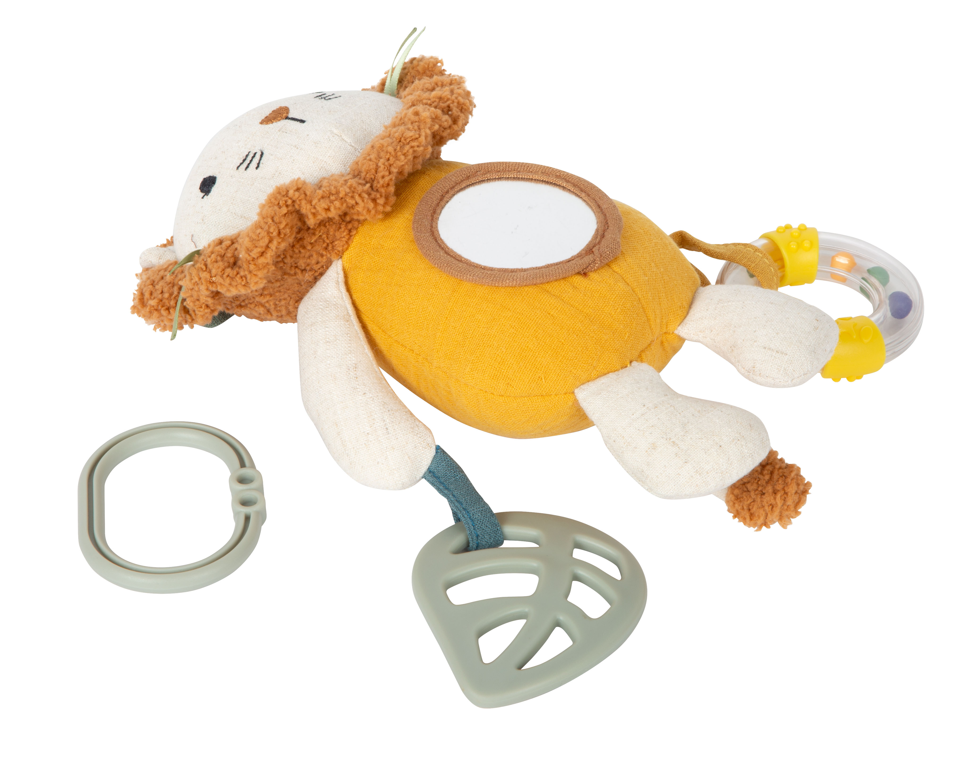 Babyspielzug Löwe aus Musselinstoff mit Spiegel, Rassel und Beißring