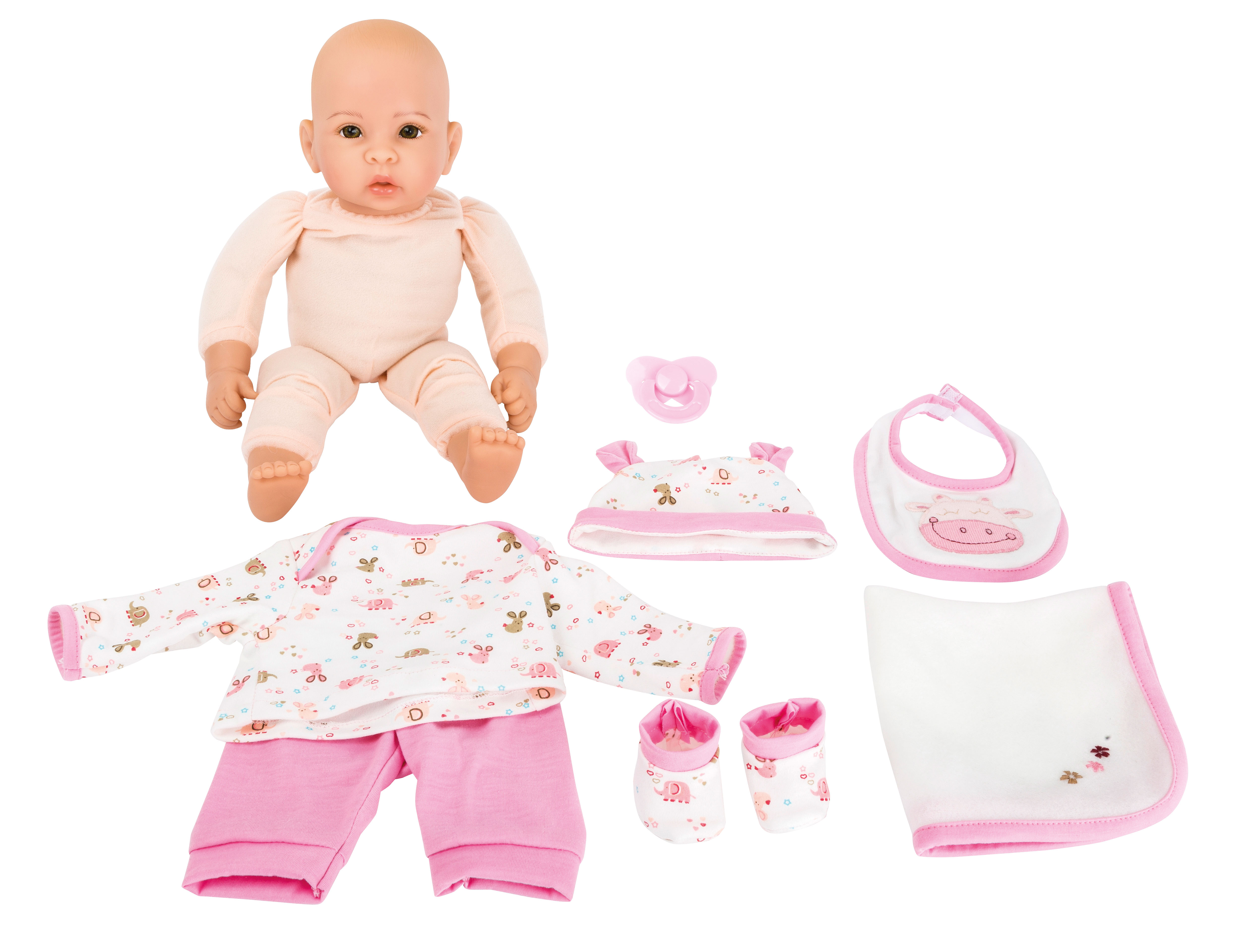 Spielpuppe mit Anzug, Mütze, Socken, Decke und Lätzchen