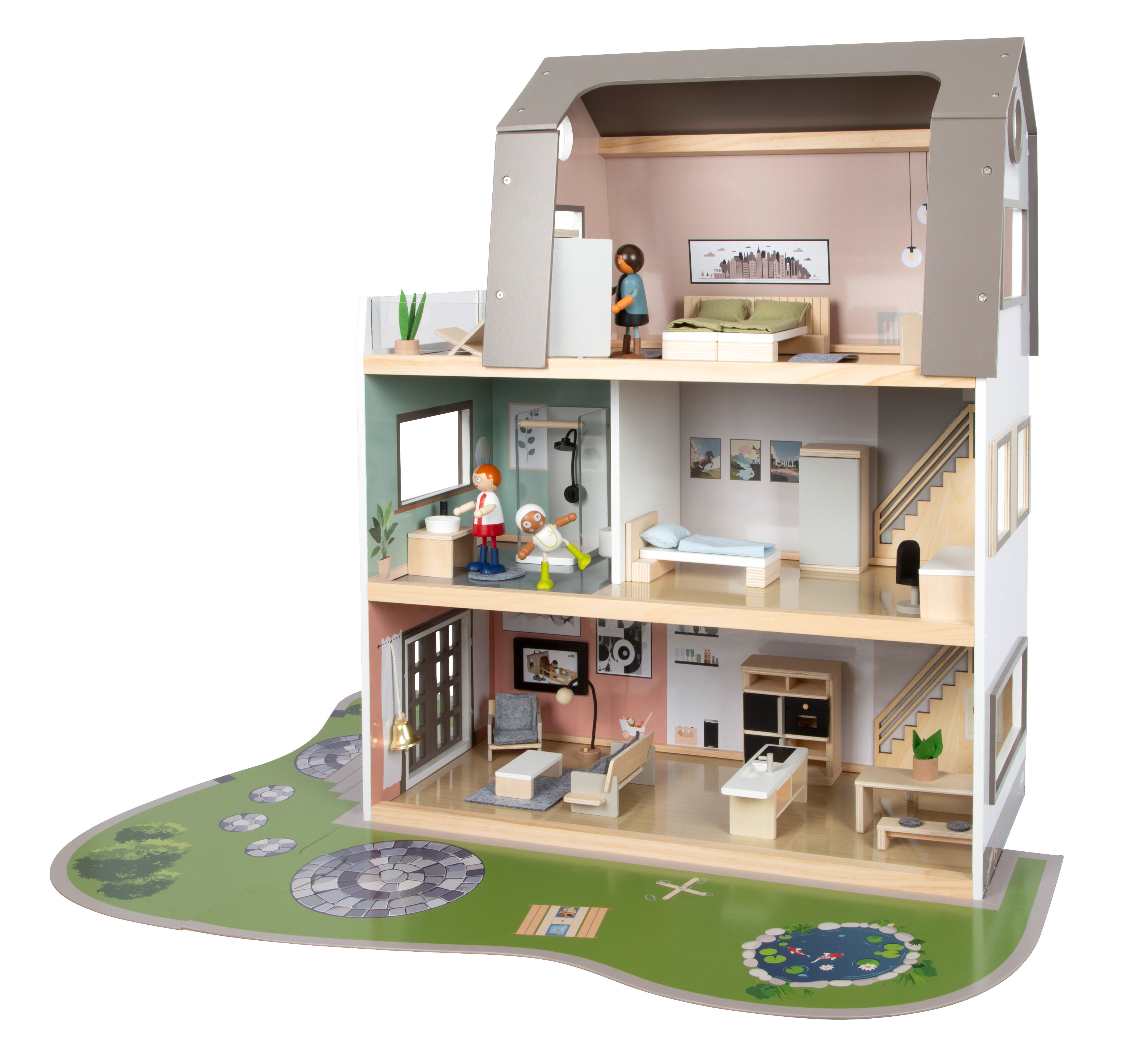 Puppenhaus mit Garten und Puppen beim Familienrollenspiel