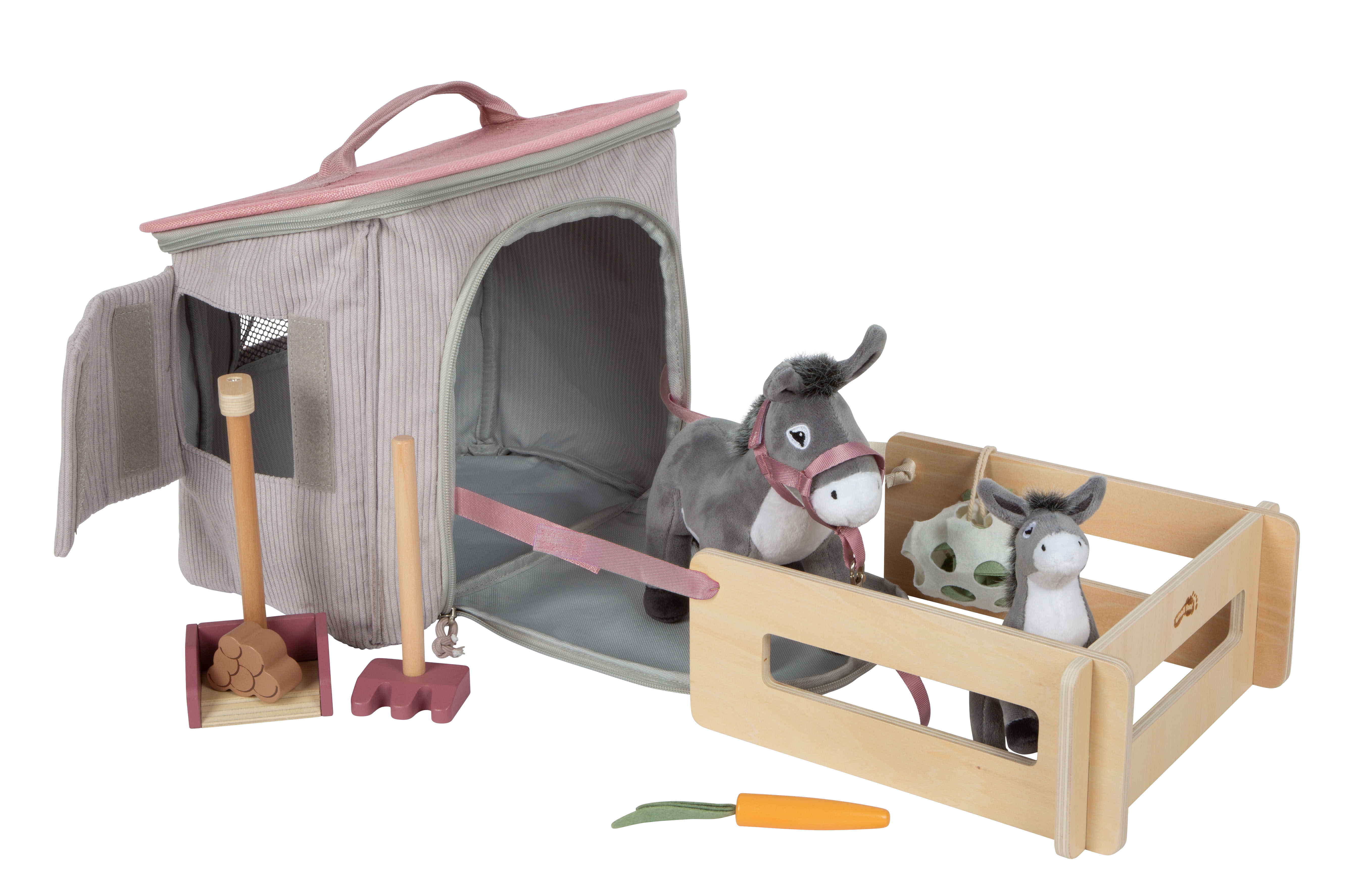 Spielset Esel mit Stall und Zubehör in der Tasche mit Auslauf