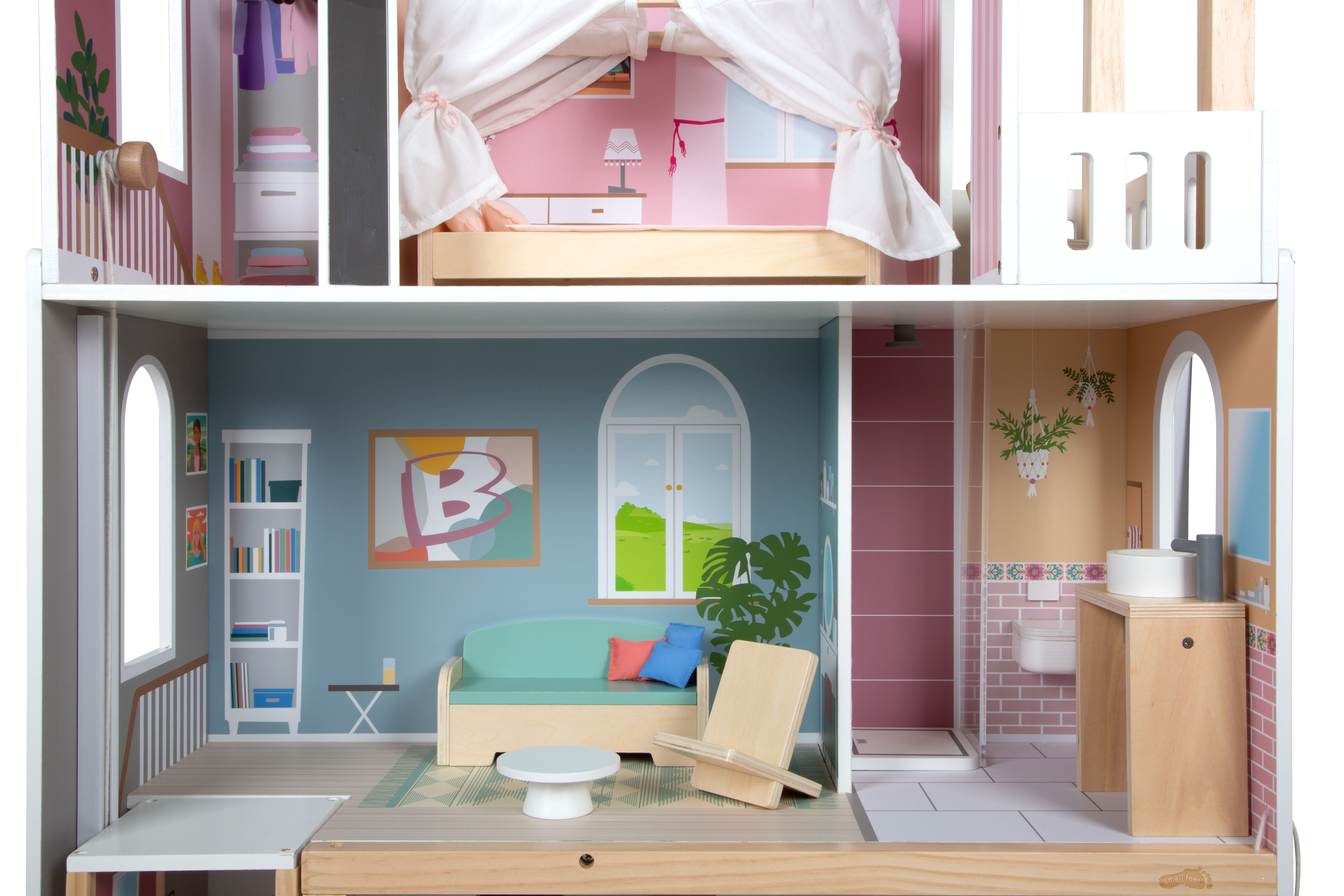 Großes Puppenhaus erster Stock Wohnzimmer und Bad