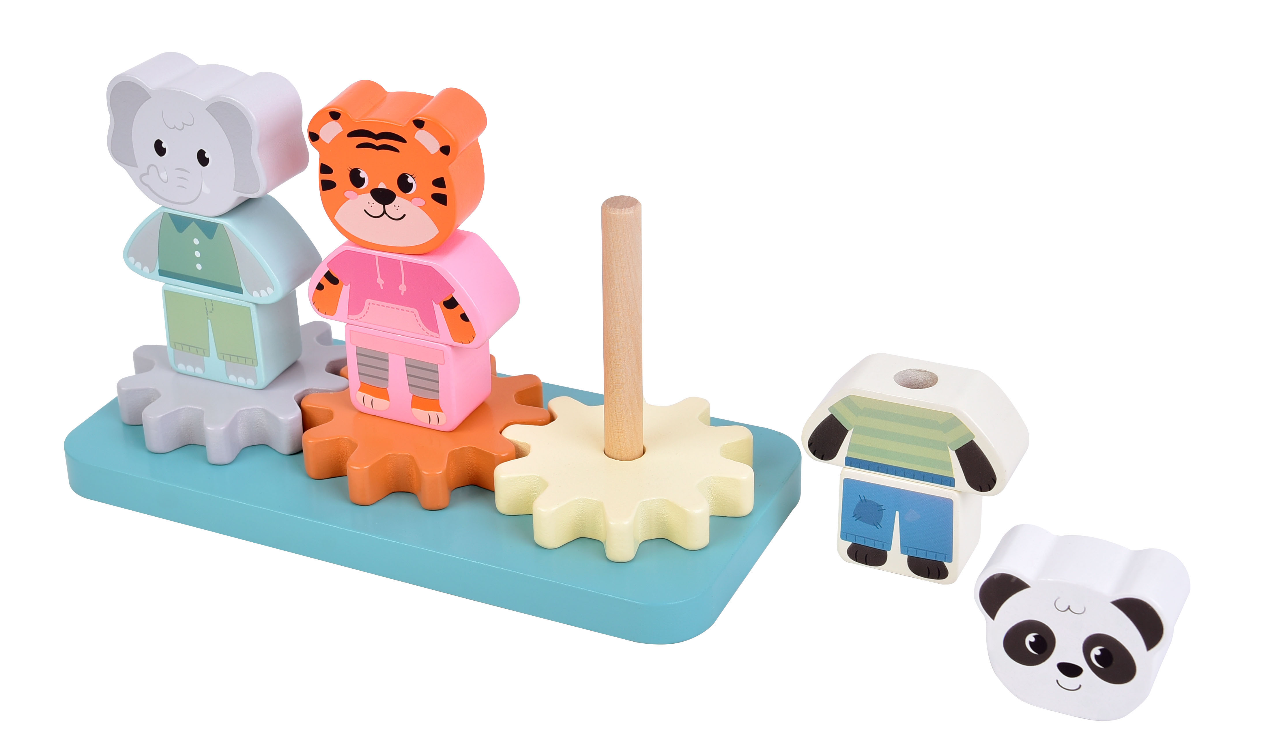 Stapelspiel mit drei Tierfiguren aus Holz und Zahnrad