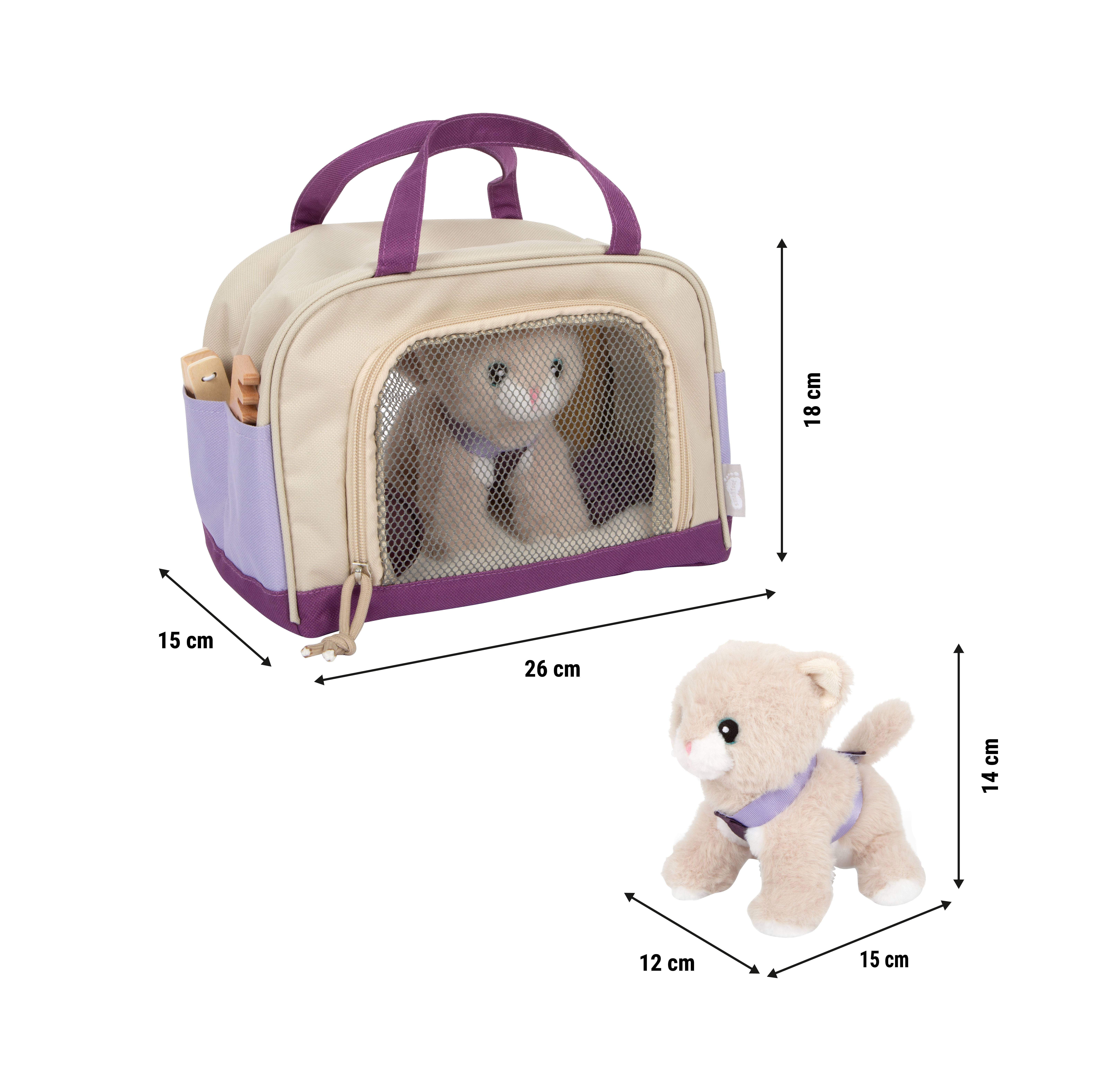 Katze mit Tasche und Pflegeset lila als Maßgrafik mit Produktabmessungen