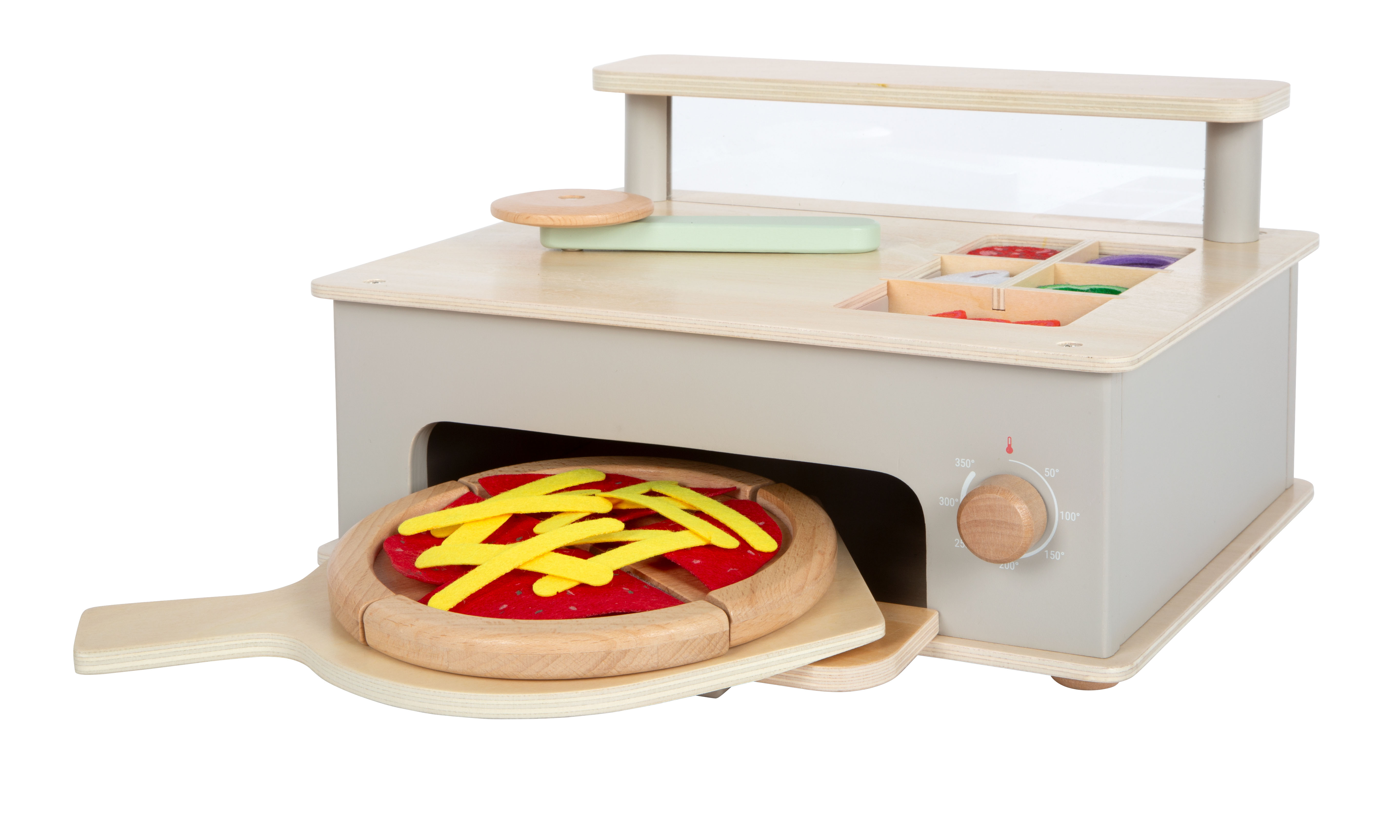 Pizzaofen aus Holz mit belegter Pizza zum Spielen
