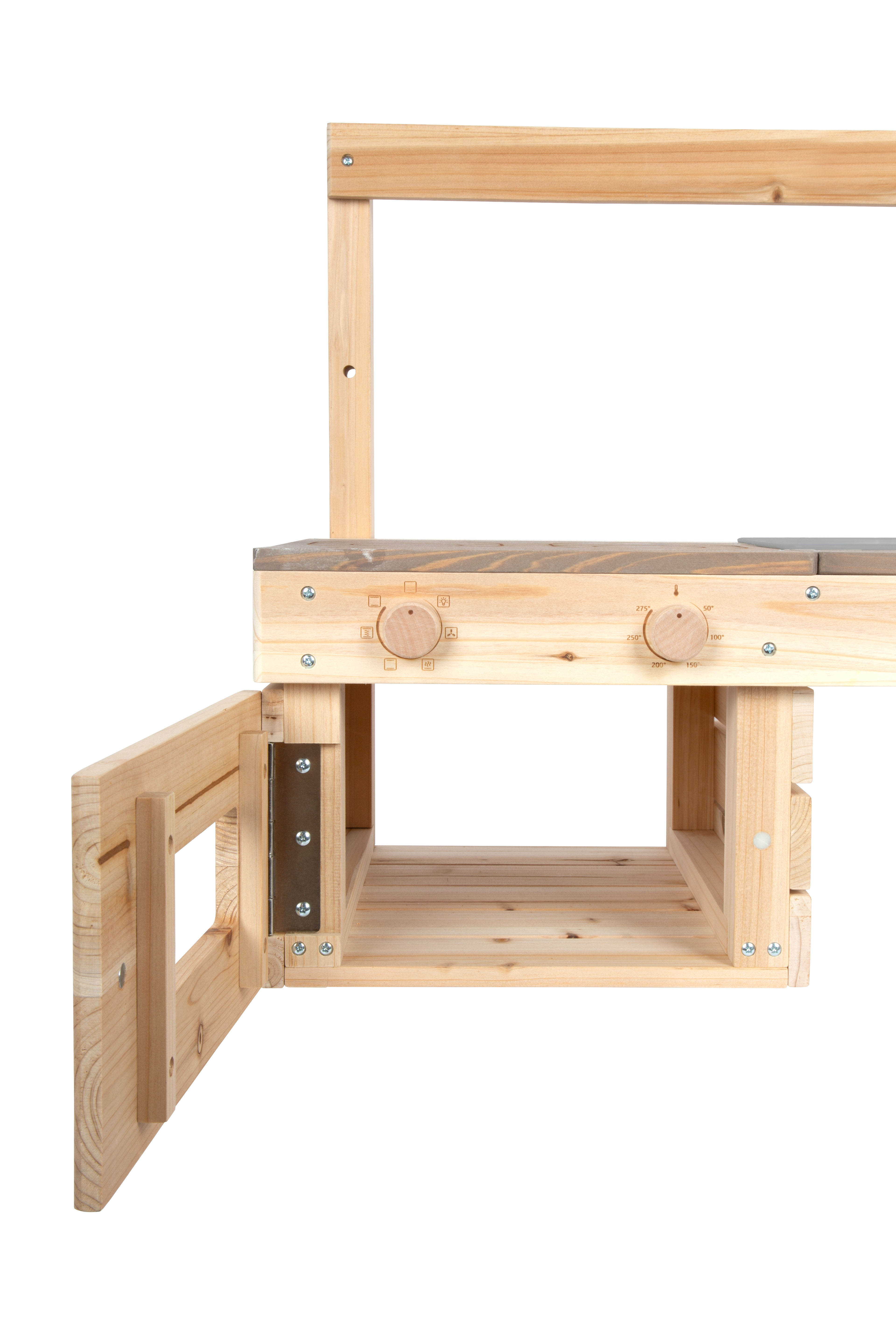 Matschküche aus Holz mit offener Backofentür und Drehknöpfen
