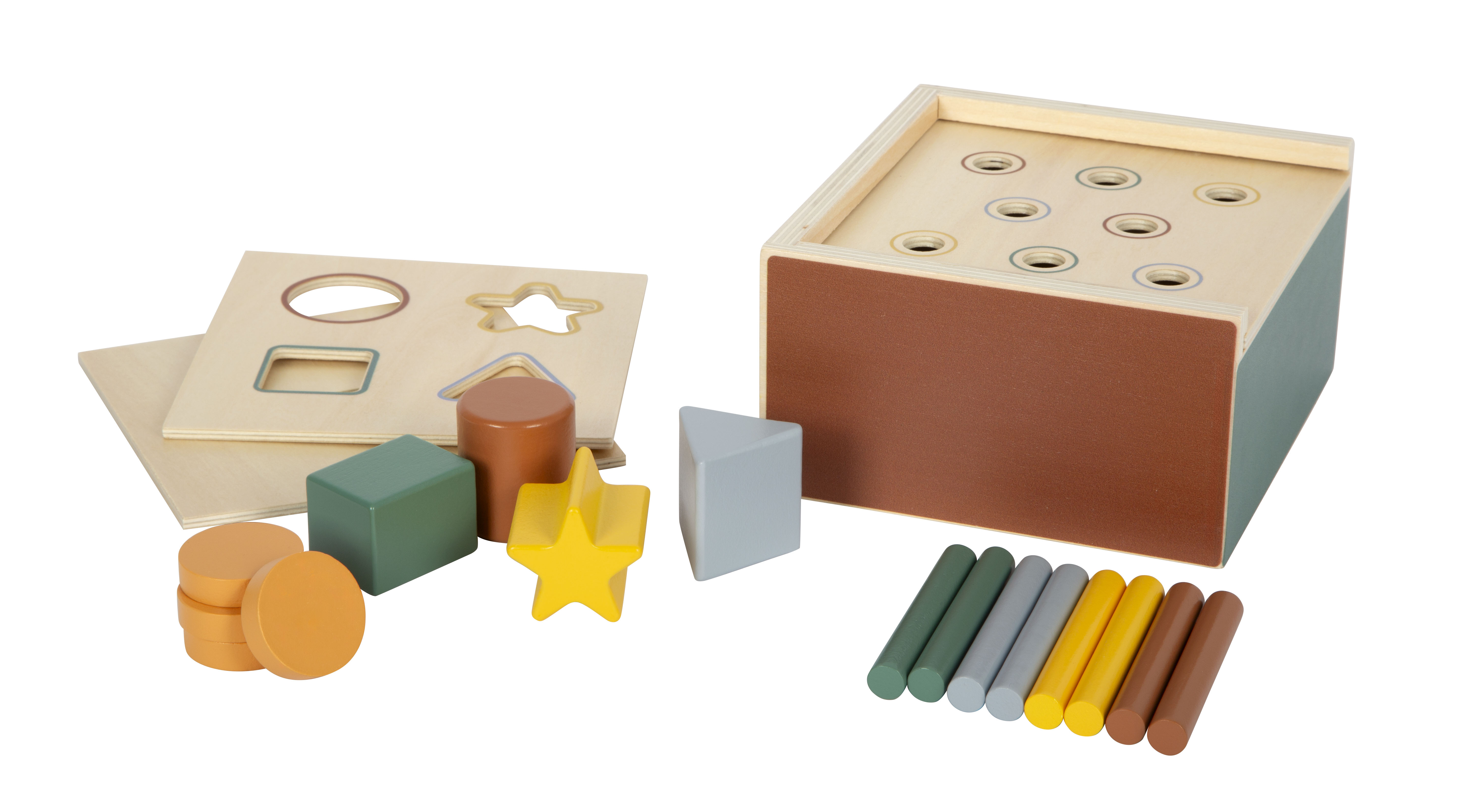 Holz-Montessori-Steckspiel mit Formen, Stäben und Coins