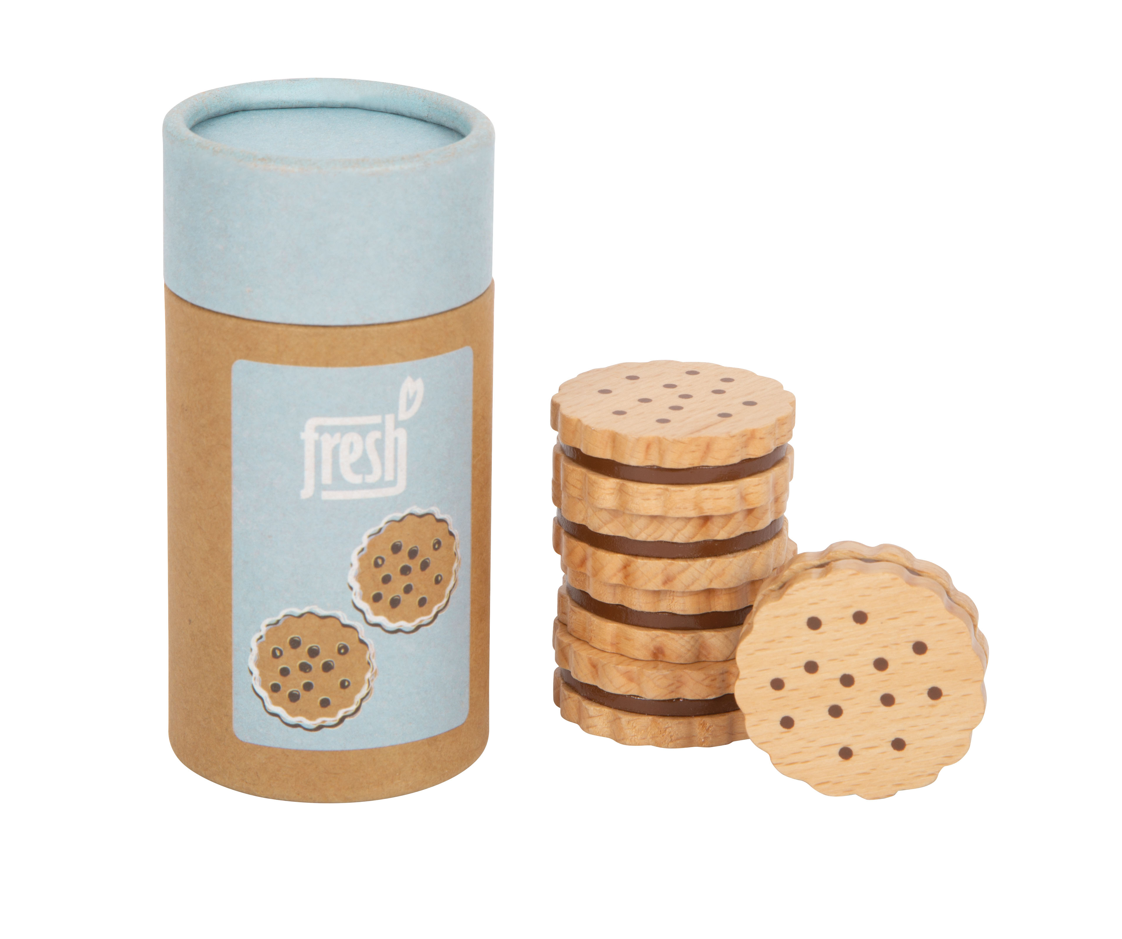 Doppelkekse aus Holz mit Keksverpackung