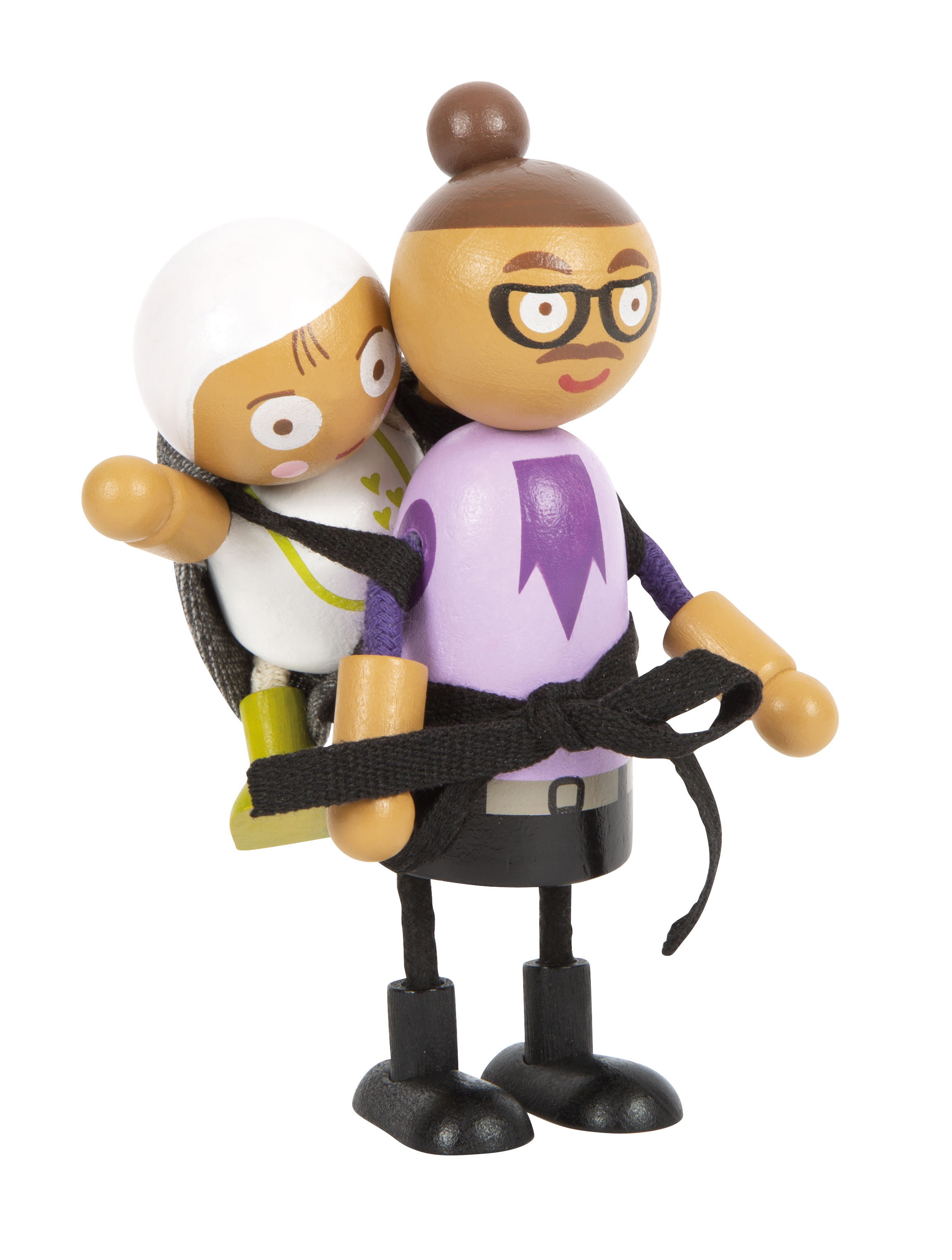 Biegepuppe aus Holz mit Baby in Trage