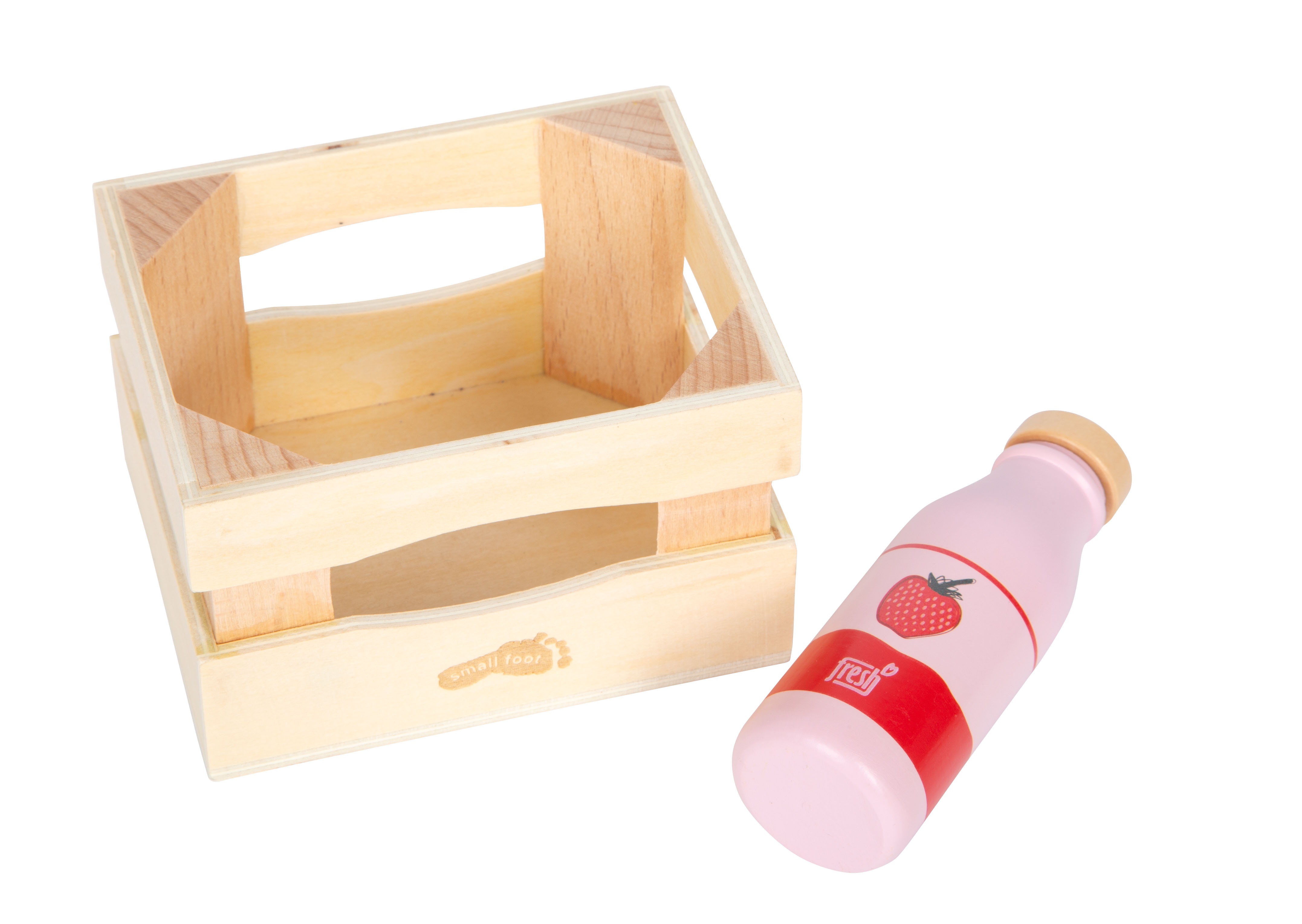 Holzkiste mit Erdbeermilchflasche aus Holz für Kaufladen