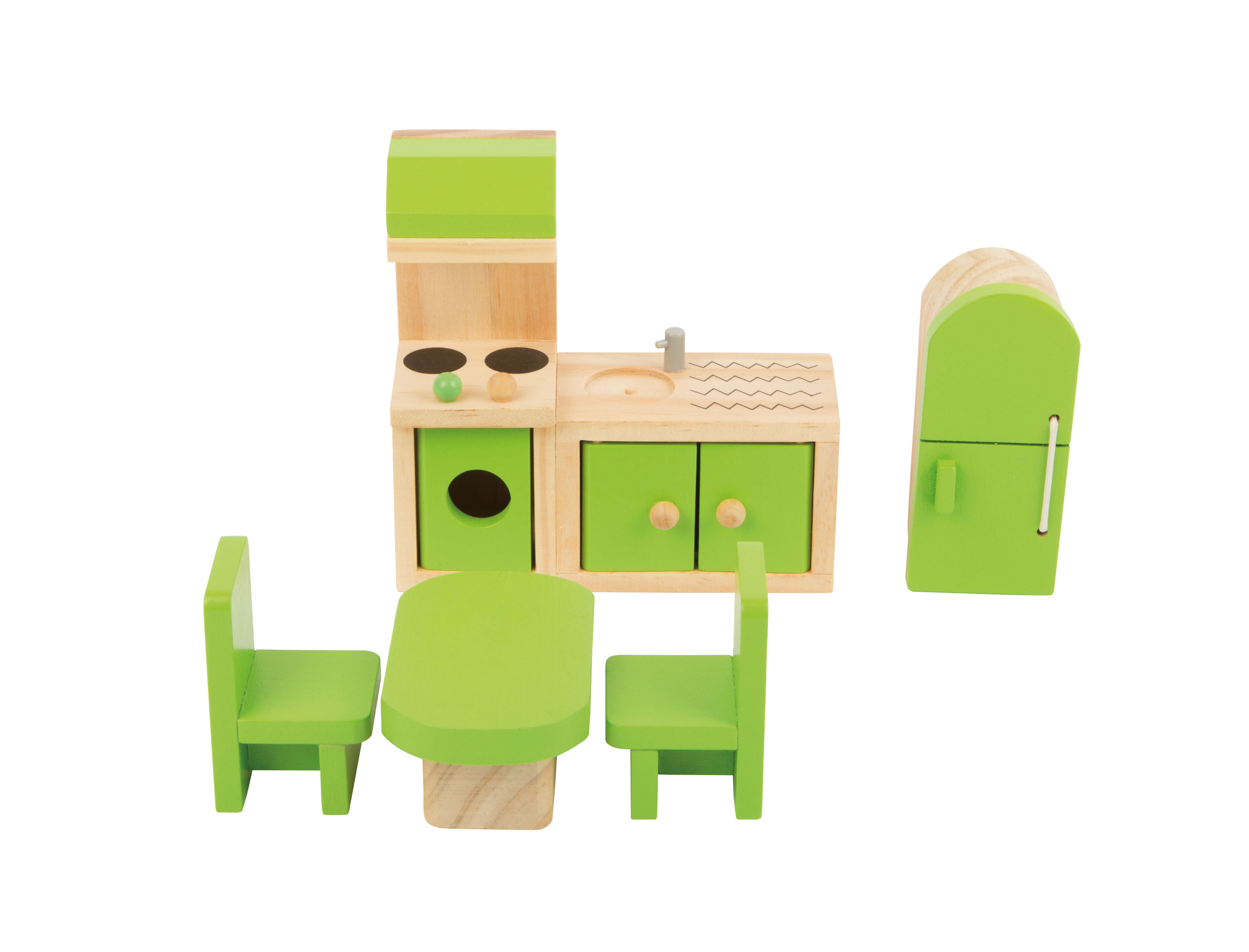 Puppenhausmöbel aus Holz, Küche in grün