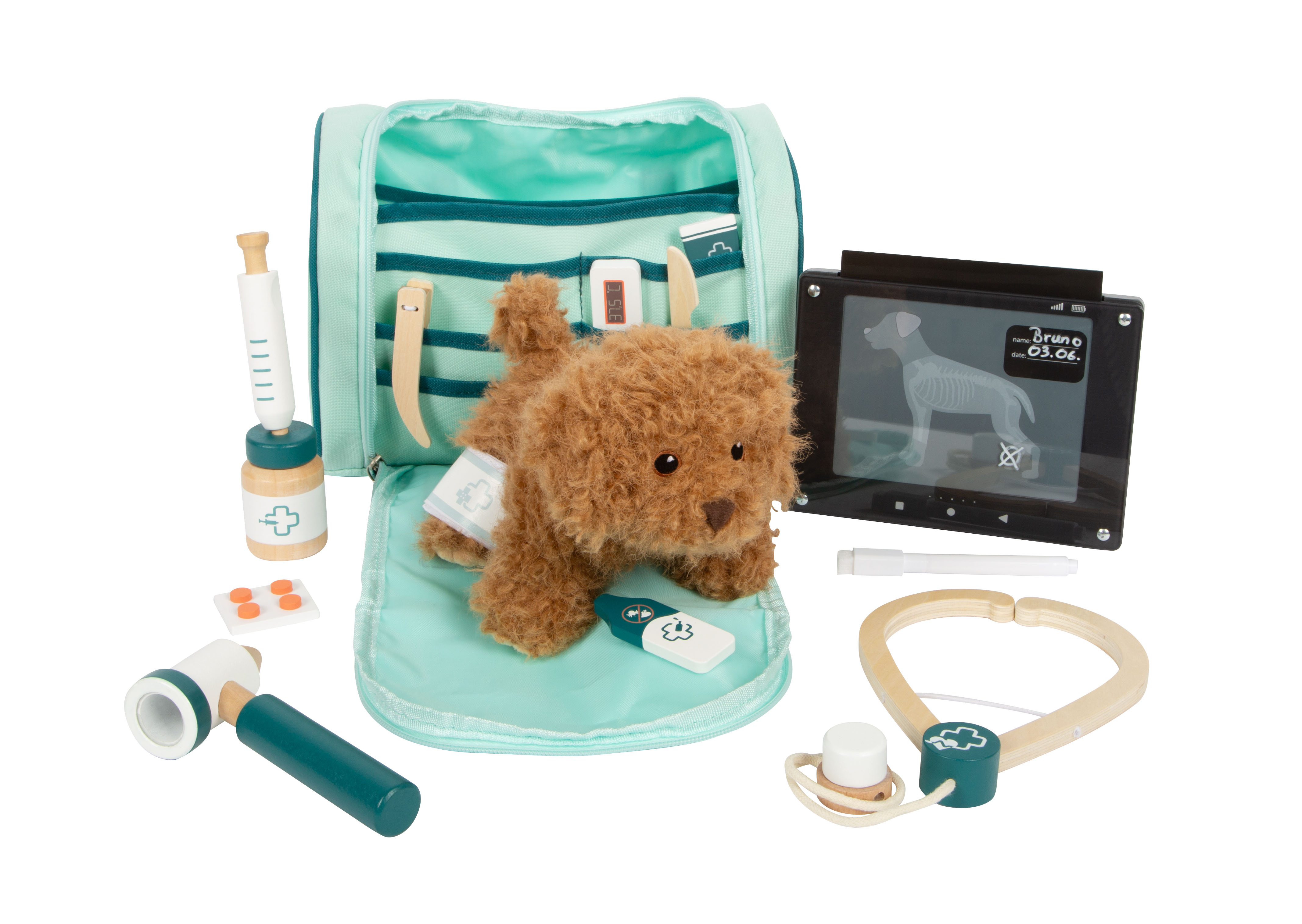 Tierarzt-Tasche mit Hund, Stethoskop, Medizin und Röntgenzubehör