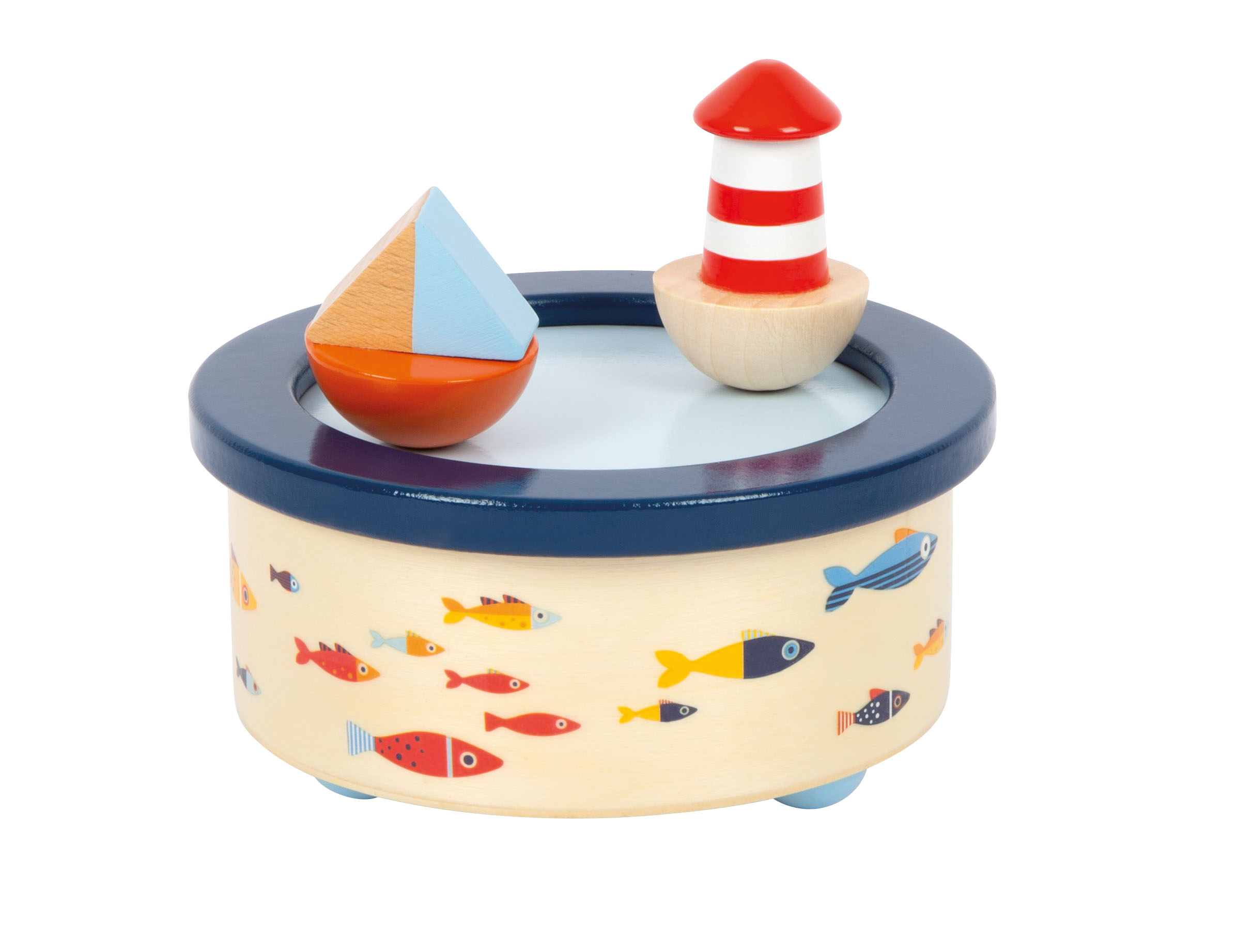 Kinder-Spieluhr mit Fisch-Motiven aus Holz
