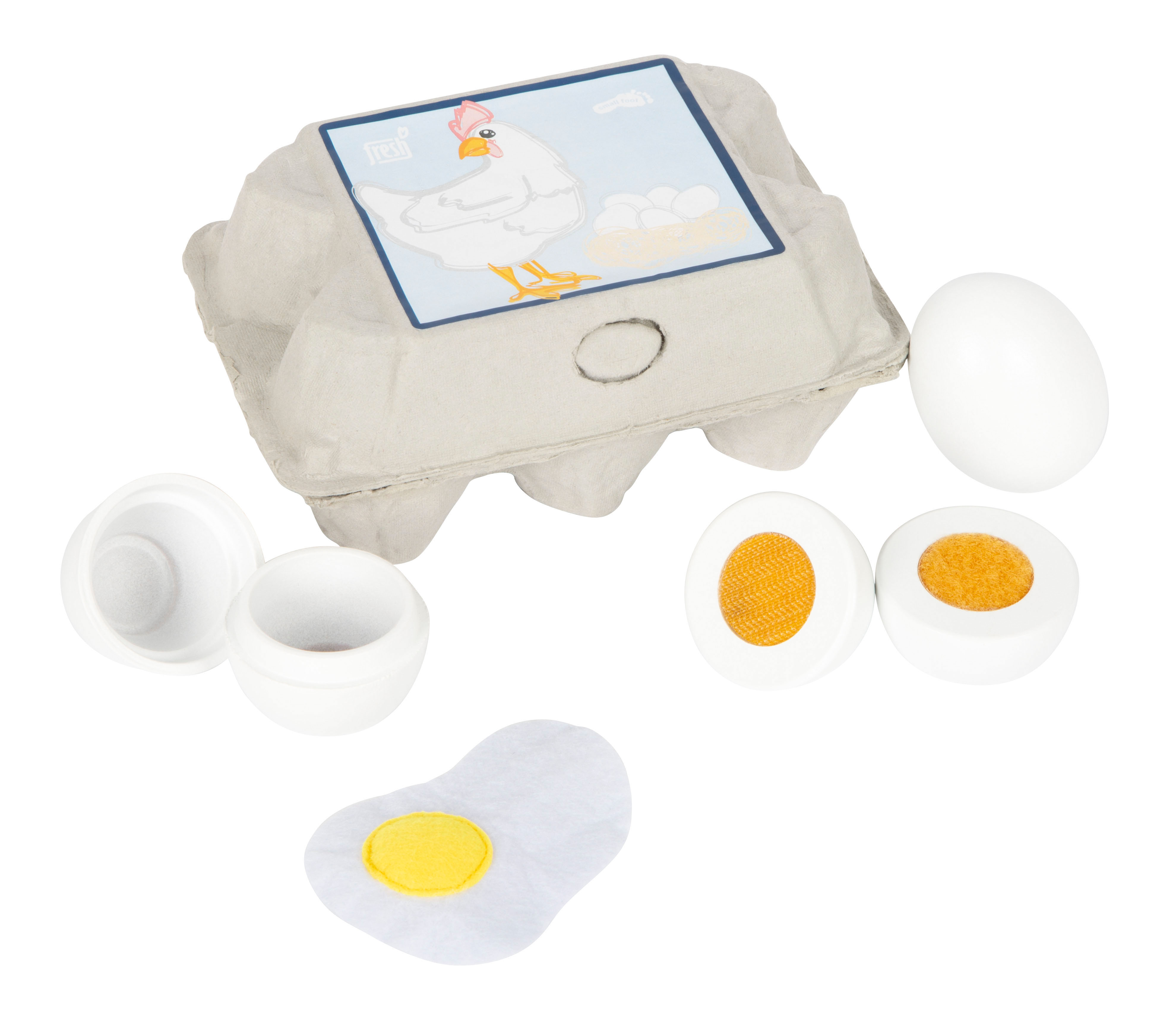 Eier „fresh“ mit Spiegelei, rohem und gekochtem Ei mit Klettverbindungen