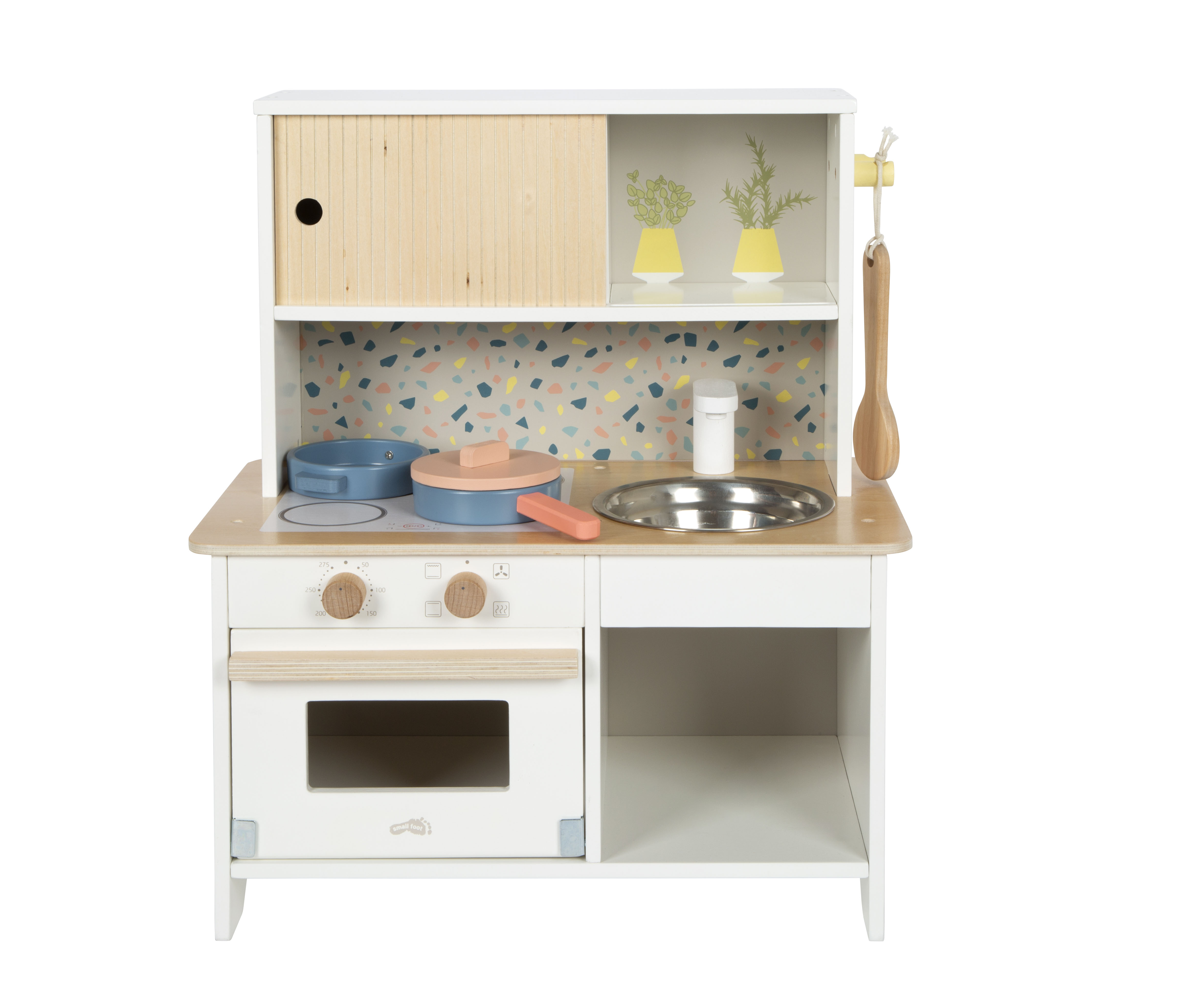 Kleine Kinderküche in Weiß mit Rückwand in Terrazzo-Optik
