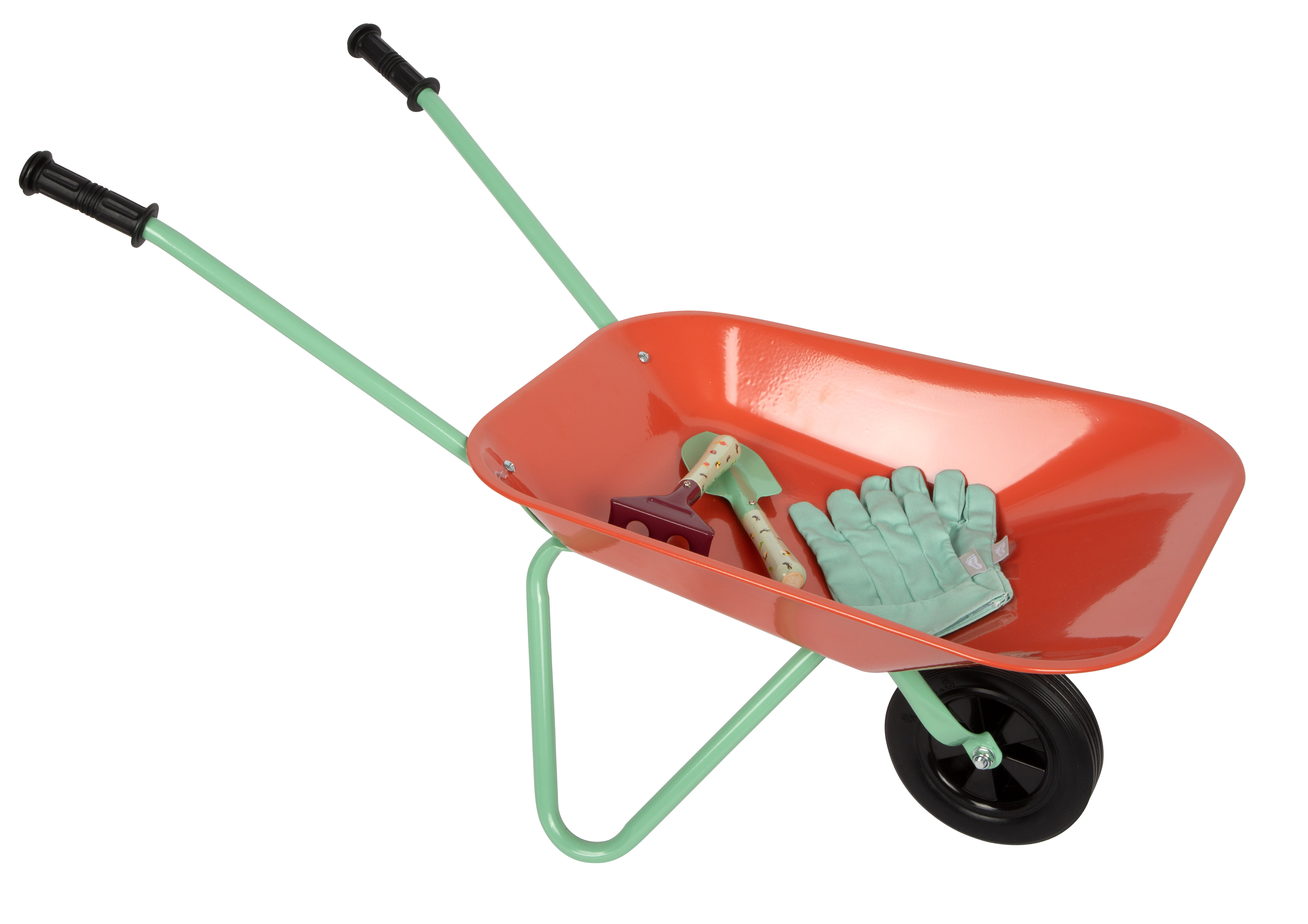 Rote Garten-Schubkarre mit Kinderhandschuhen, Schaufel und Harke
