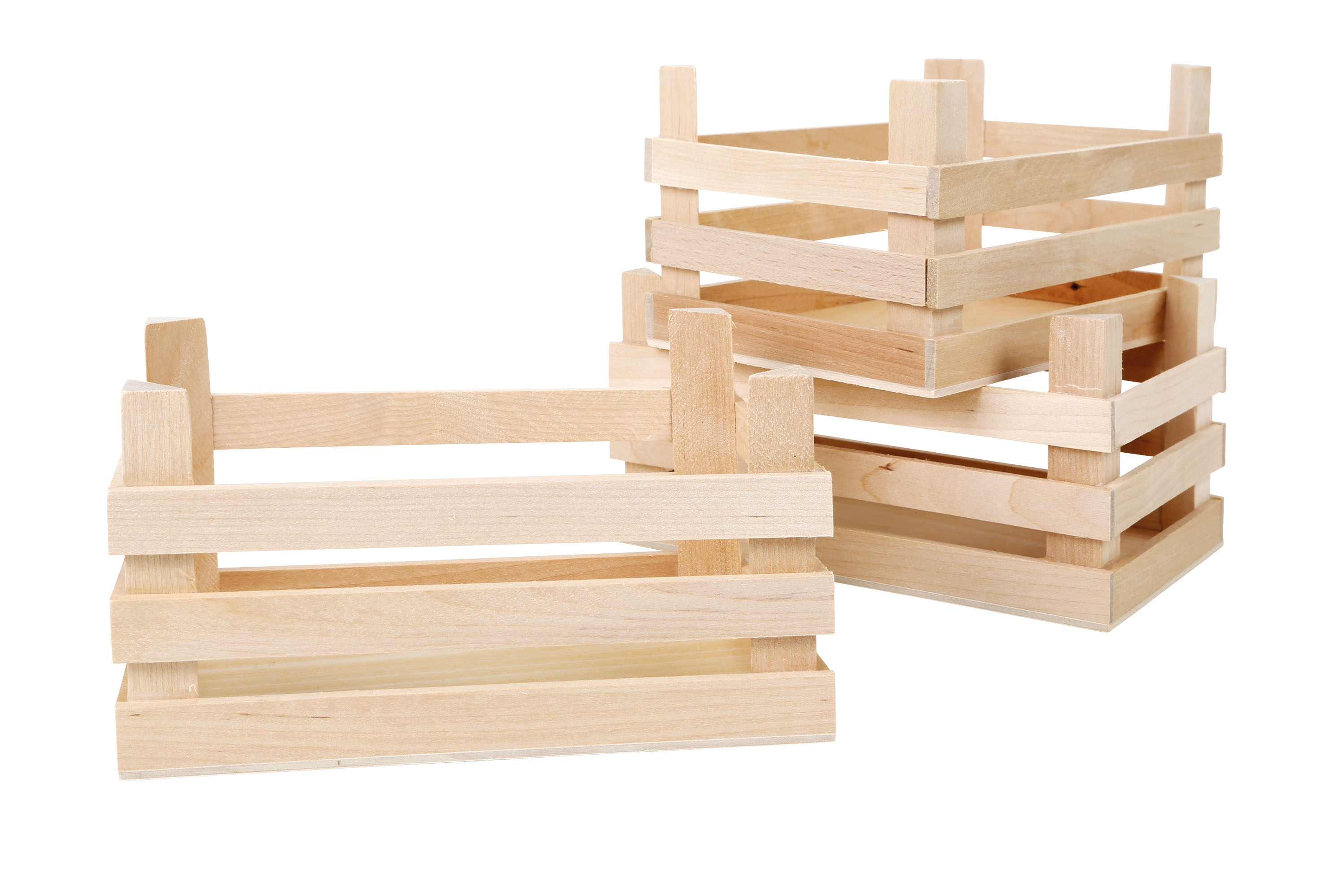 Große Kisten aus Naturholz für den Kaufmannsladen