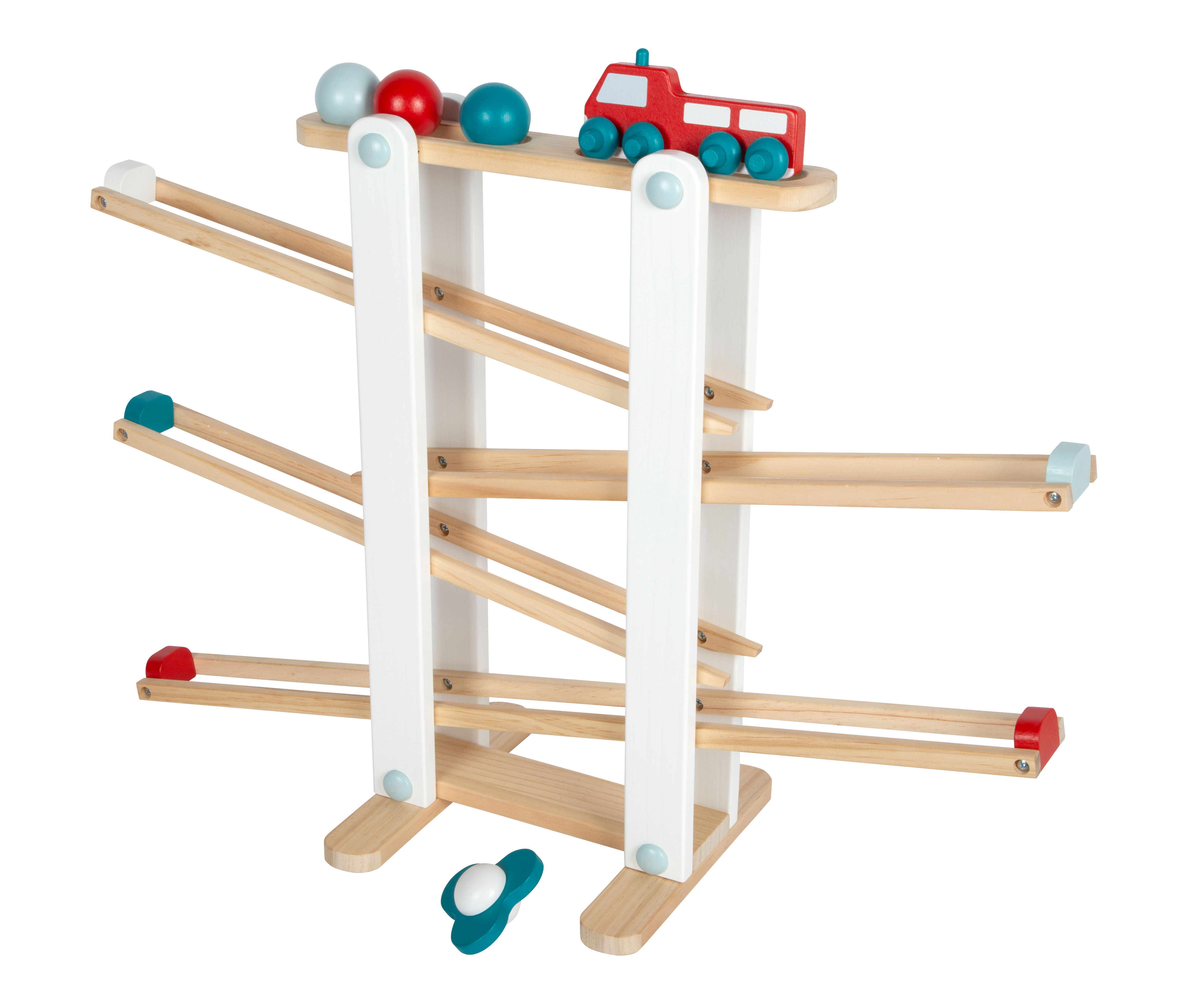 Holz-Rennbahn mit Kugeln und Feuerwehrauto