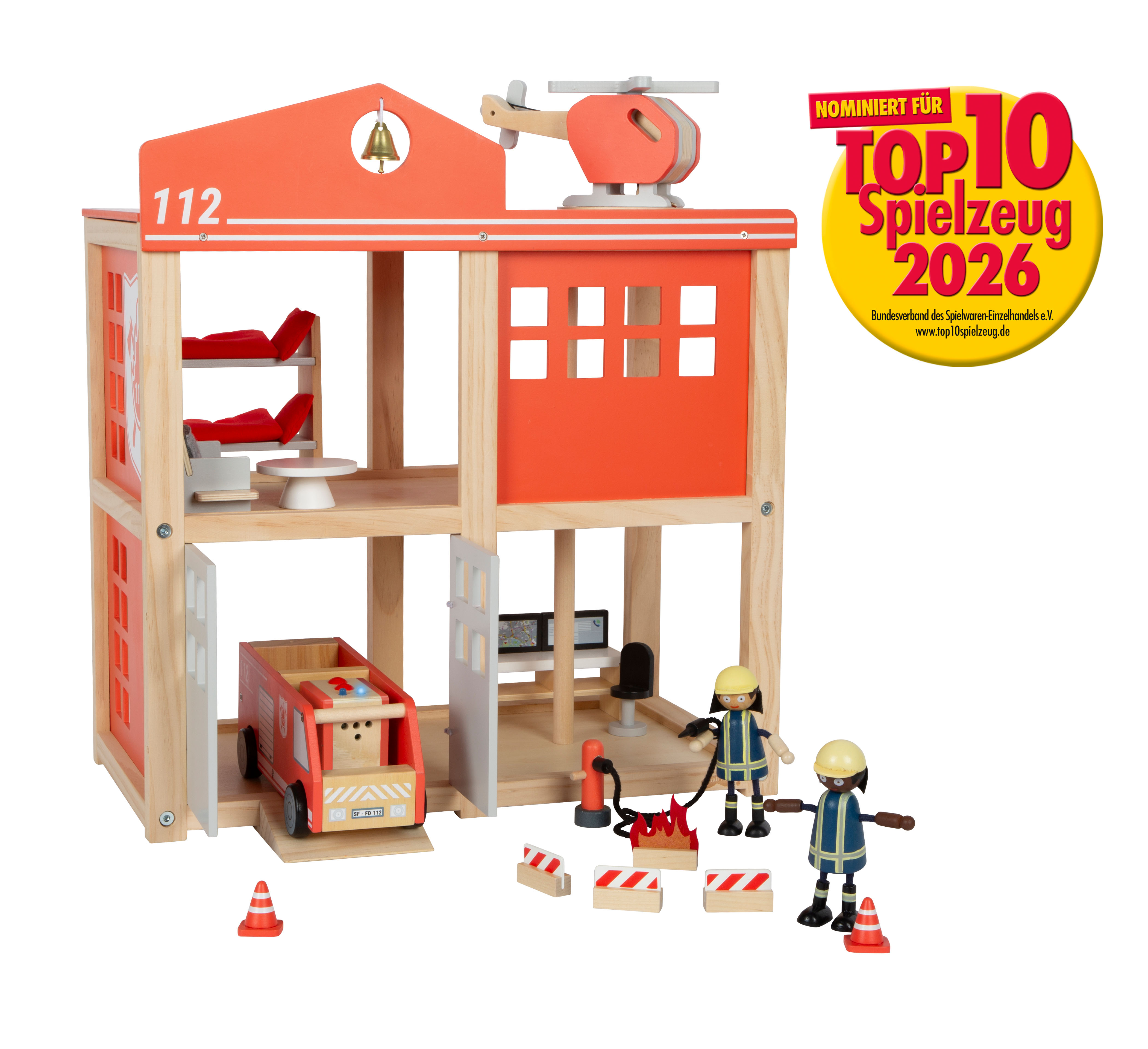 Spielzeug Feuerwehrhaus, Holzspielzeug, Feuerwehrwagen, Figuren, Pannen-/Feuerwehrwerkzeug
